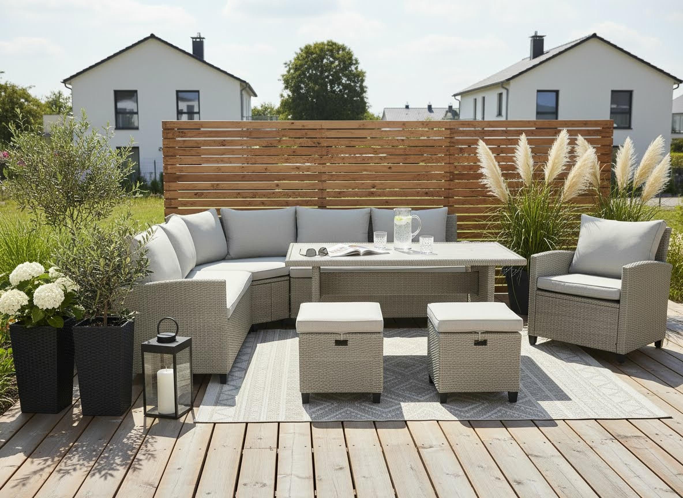 KONIFERA Gartenlounge-Set Keros Premium XL, (Set, 20-tlg., 2x 2er Sofa, 1x Ecke, 1x Sessel, 2x Hocker, 1x Tisch), bestehend aus 3 Sofas, 1 Sessel, 2 Hocker, 14 Sitzauflagen, 1 Tisch