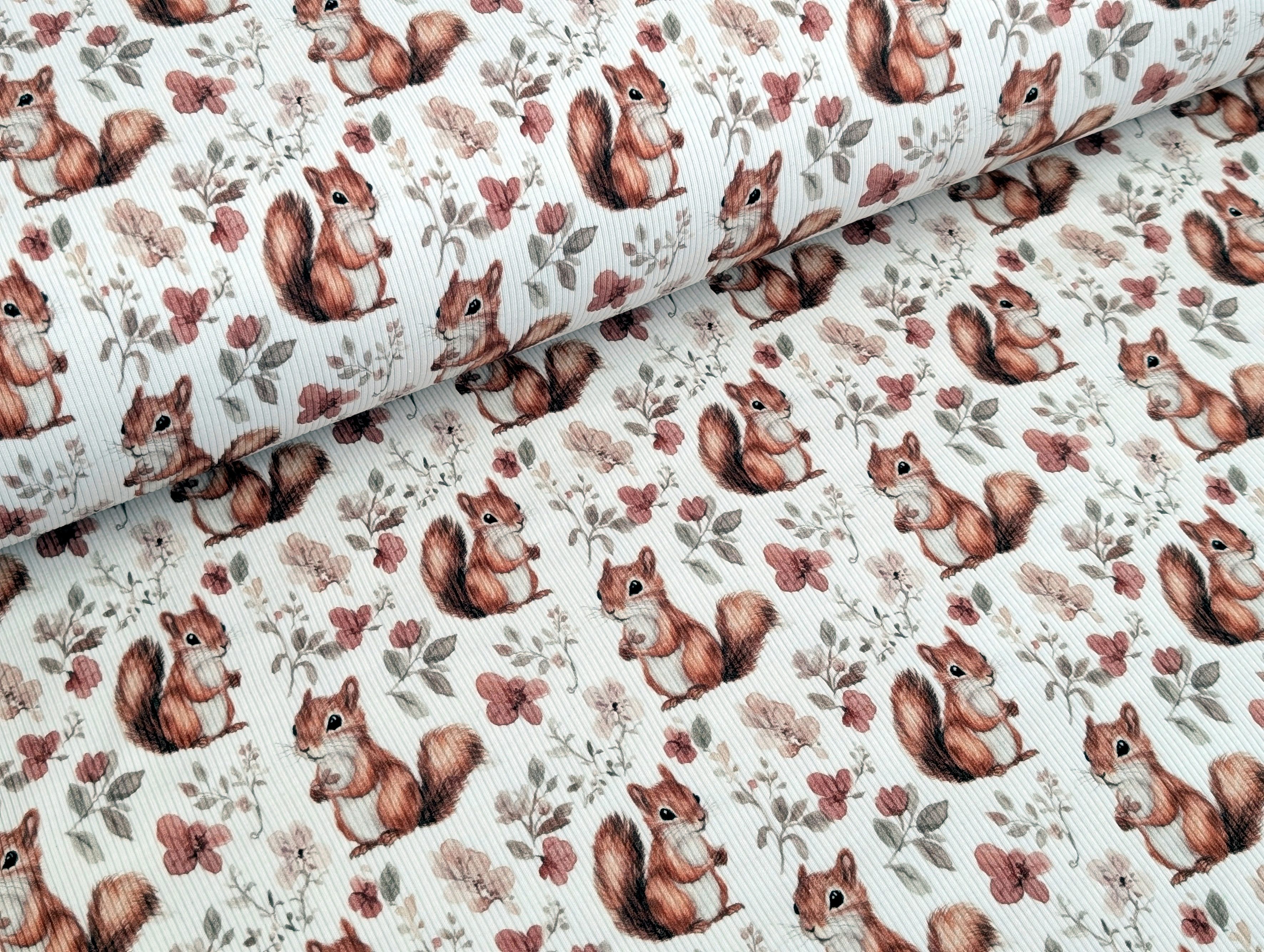 Corileo Stoff Eigenproduktion Rib Jersey Eichhörnchen auf Cremeweiß Stoff