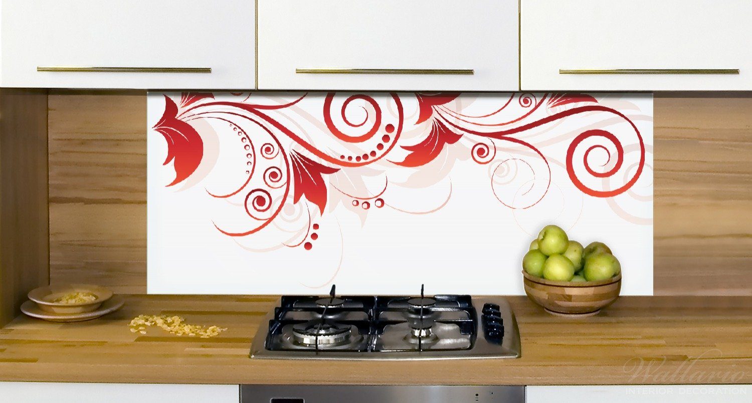 Küchenrückwand (1-tlg) rote Abstrakte Wallario Blumenschnörkel,