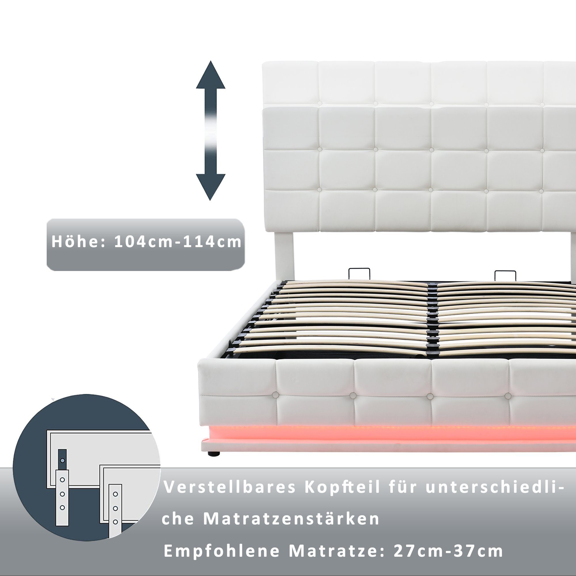 mit Bettrahmen aus Doppelbett LED, Modernes zu HAUSS Weiß hydraulisches Bezug Bett montierender Bettrahmen (140x200 Einfach Polsterbett Lattenrost Kunstleder), cm SPLOE Funktionsbett Polsterbett