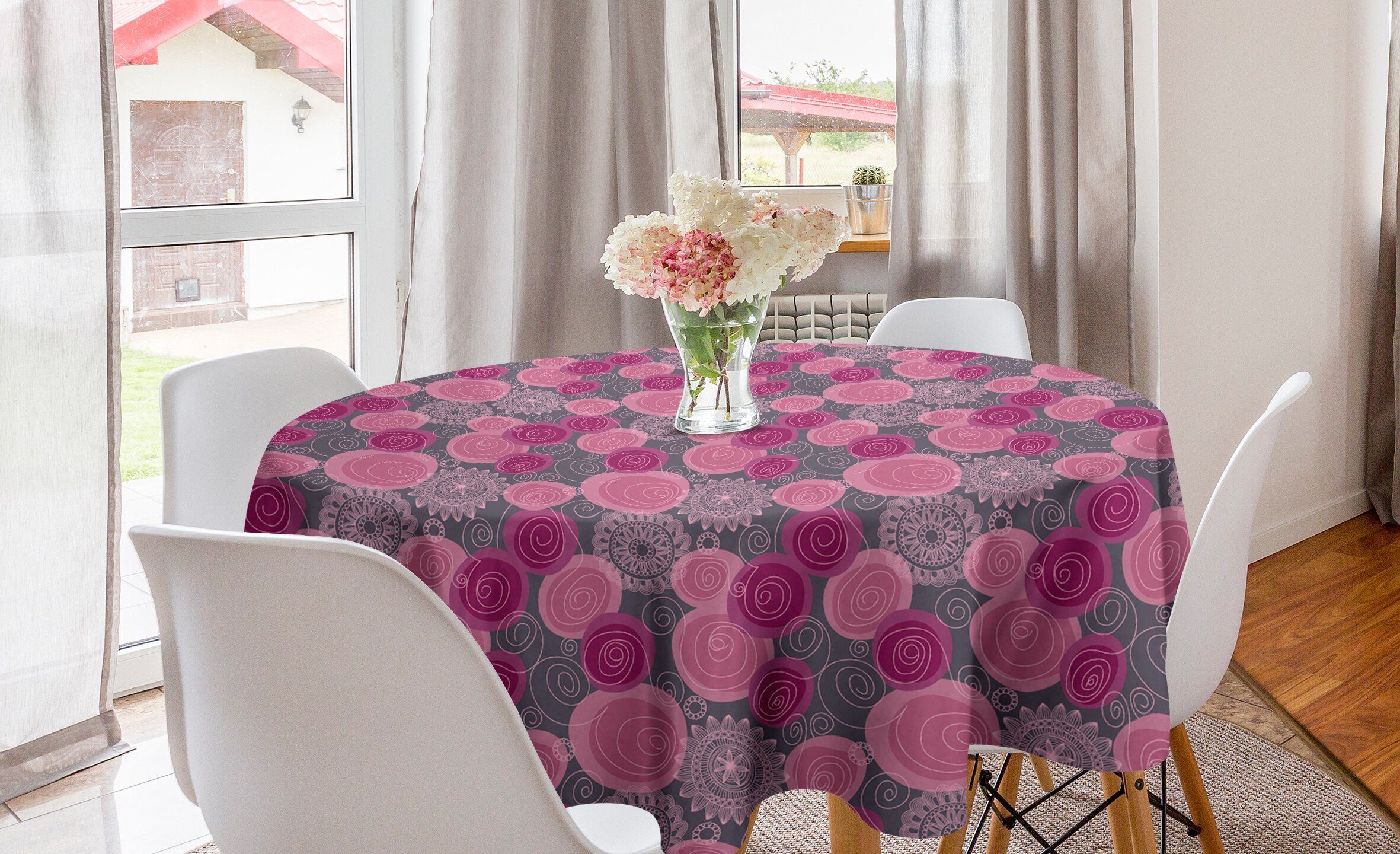 Abakuhaus Tischdecke Kreis Tischdecke Abdeckung für Esszimmer Küche Dekoration, Rosa und Grau Lace gewirbelte Kreis