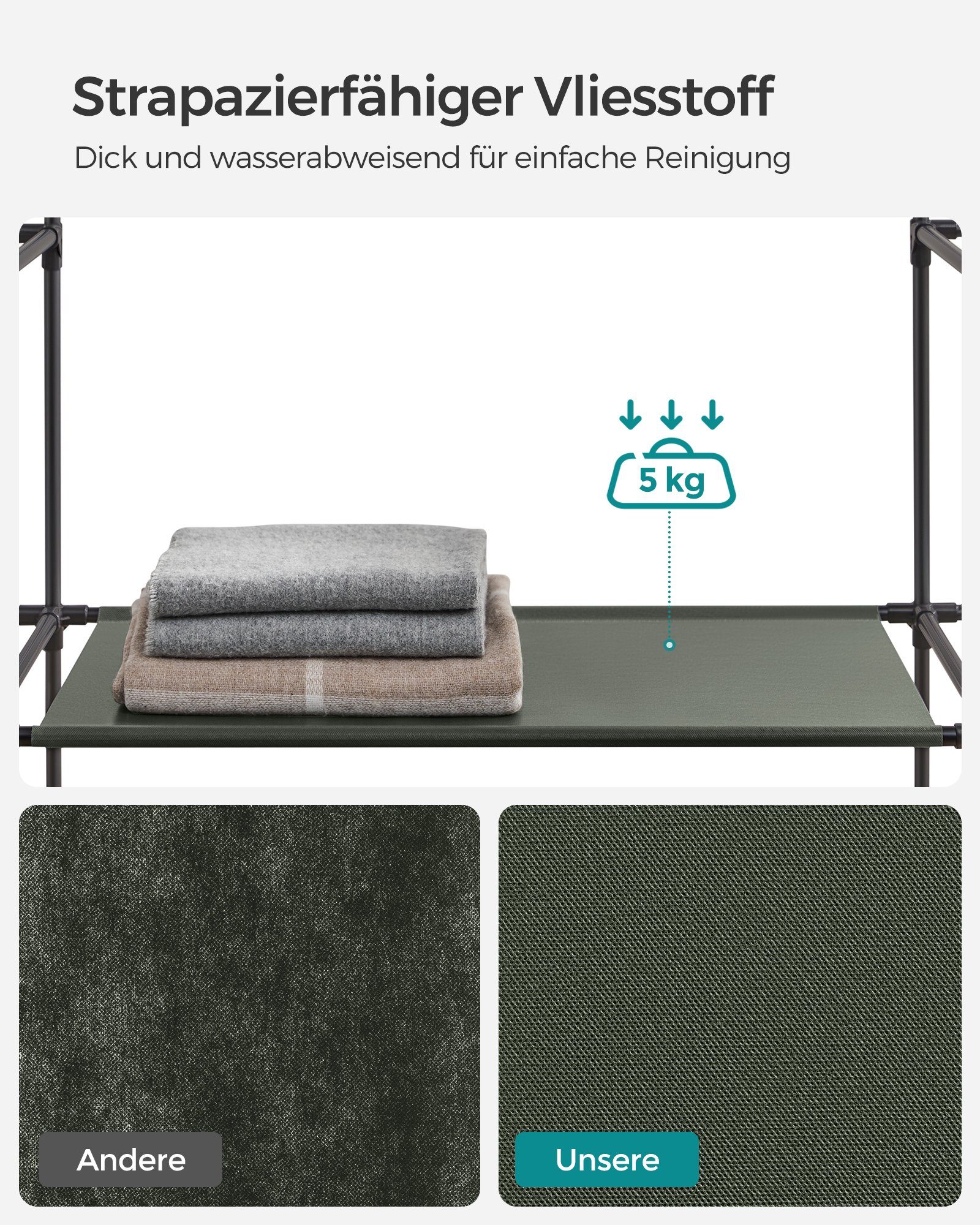 SONGMICS Kleiderschrank Stoffschrank, mit Überzug aus Vliesstoff,Faltschrank mit Kleiderstange 45 x 150 x 175 cm, 12 Ablagen, Metallrahmen, Schrank fürs Schlafz – Bild 5 von 5