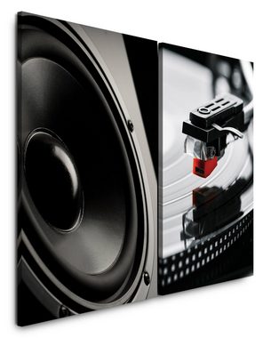 Sinus Art Leinwandbild 2 Bilder je 60x90cm Lautsprecher Schwarz Plattenspieler Vinyl Tonarm Musik Audiophile