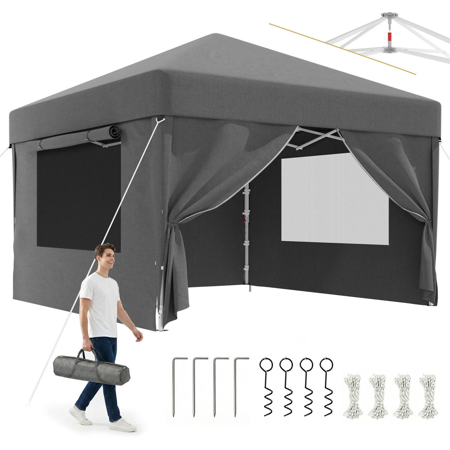 GUNJI Pavillon 3x3/3x6 m Gartenpavillon mit 4 seitenteilen Pop Up Pavillon UV-Schutz, (Schneller Aufbau, Abnehmbare Wände + Insektenschutz, 4 Sandsäcke dabei, Für Camping & Picknick geeignet)
