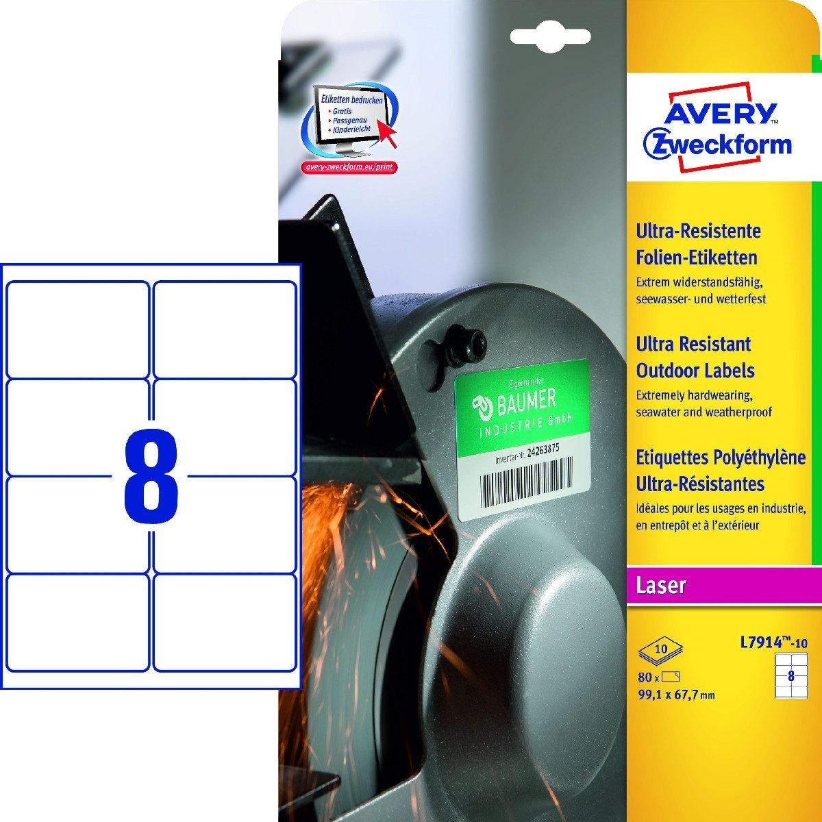 Avery Zweckform Etiketten Folien-Etiketten ultra-resistent 99,1x67,7mm VE=10 Bogen/80 Etiketten