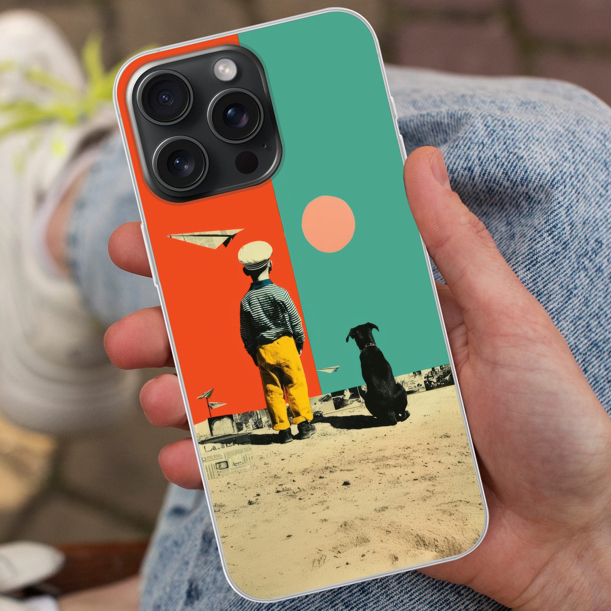 MuchoWow Handyhülle für Apple iPhone 15 Pro Max Retro - Junge - Hund - Rot - Grün, Smartphone-Bumper, Print, Handy Schutzhülle Dünn