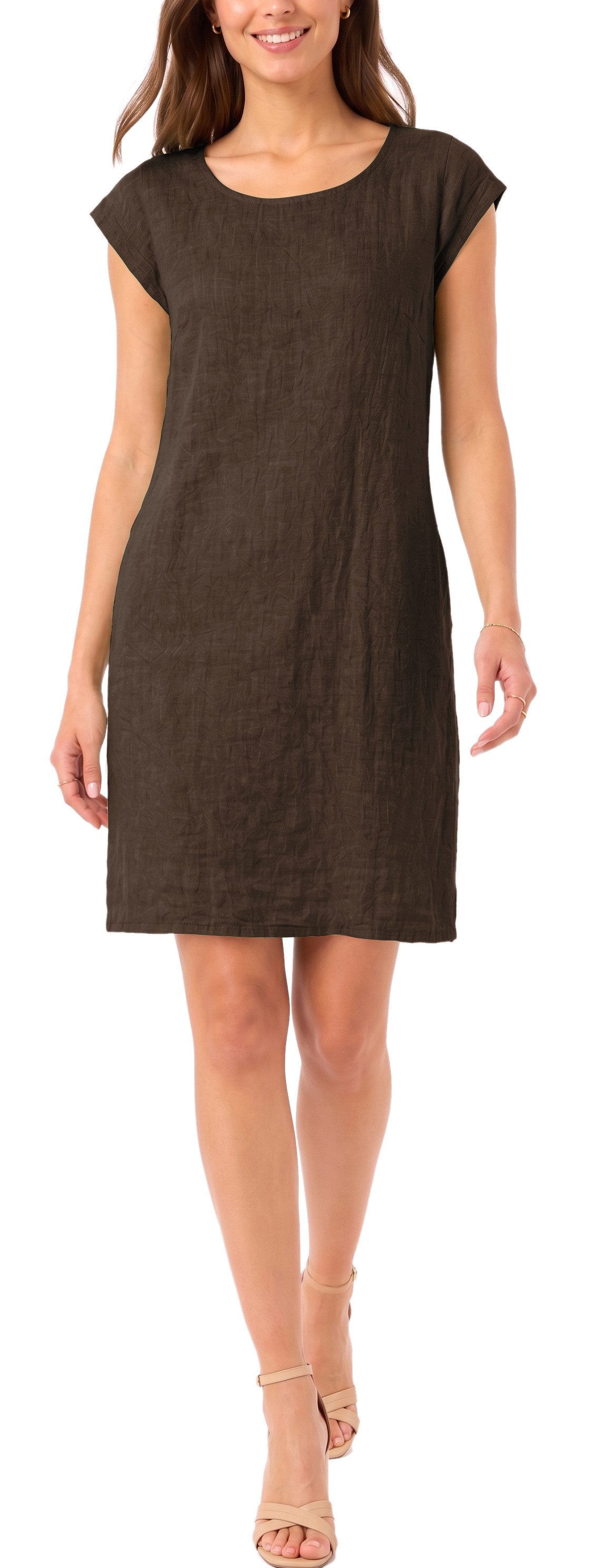 dy_mode Midikleid Einfarbiges Damen Leinenkleid Sommerkleid Kurzarm Midi Kleid in Unifarbe, mit Eingriffstaschen, leicht taillierte Passform – Bild 3 von 5