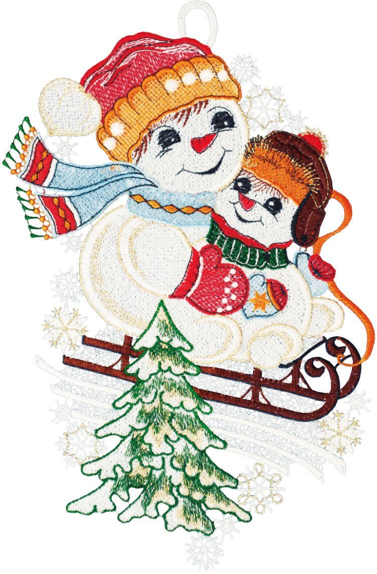 W. Reuter & Sohn - Plauener Spitze® Fensterbild Schneemann mit Kind, Made in Germany