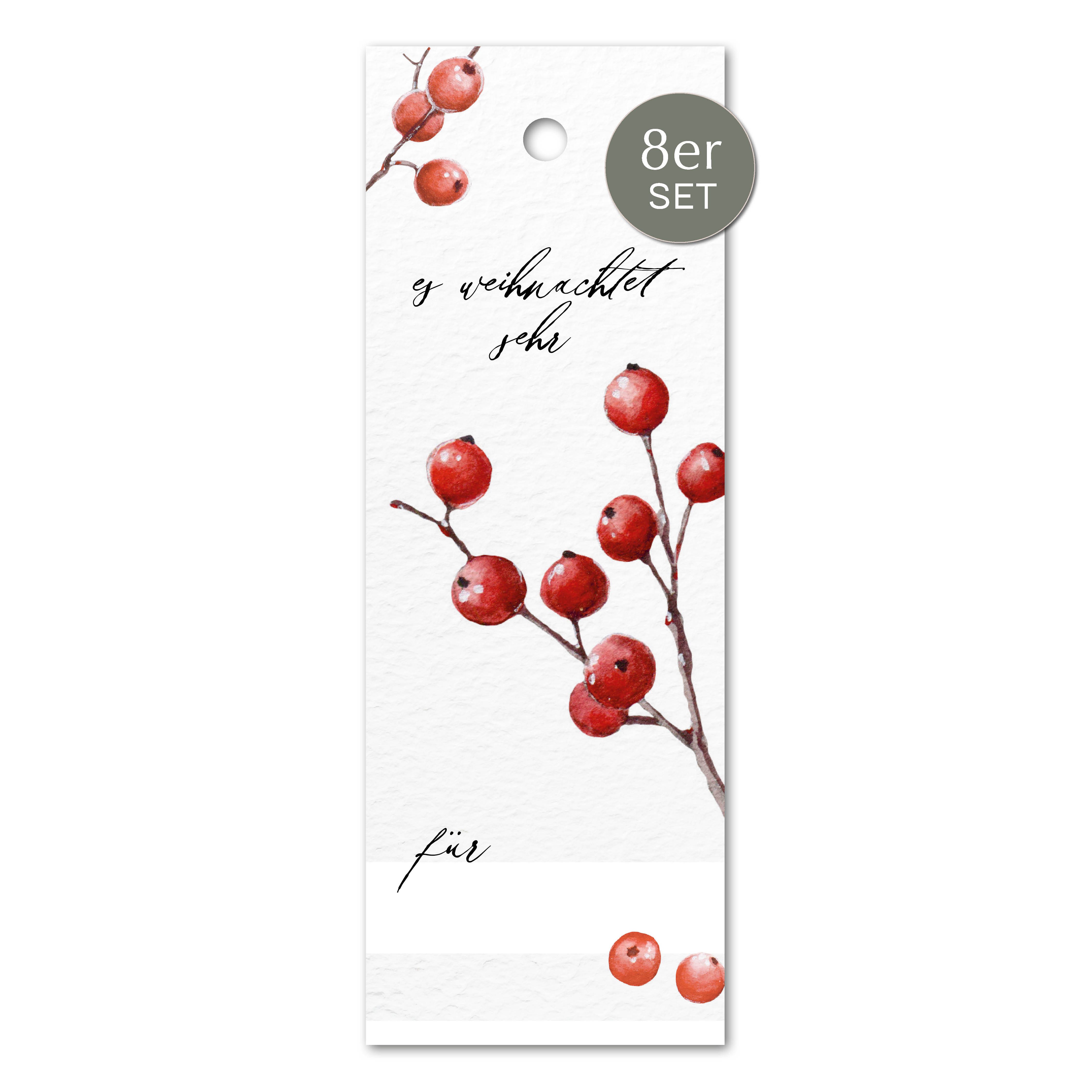 NORDEULE Dekohänger Rote Beeren "es weihnachtet sehr" 8 Stück, Geschenkanhänger ideal für Weihnachtsgeschenke DIYs Weihnachtspost