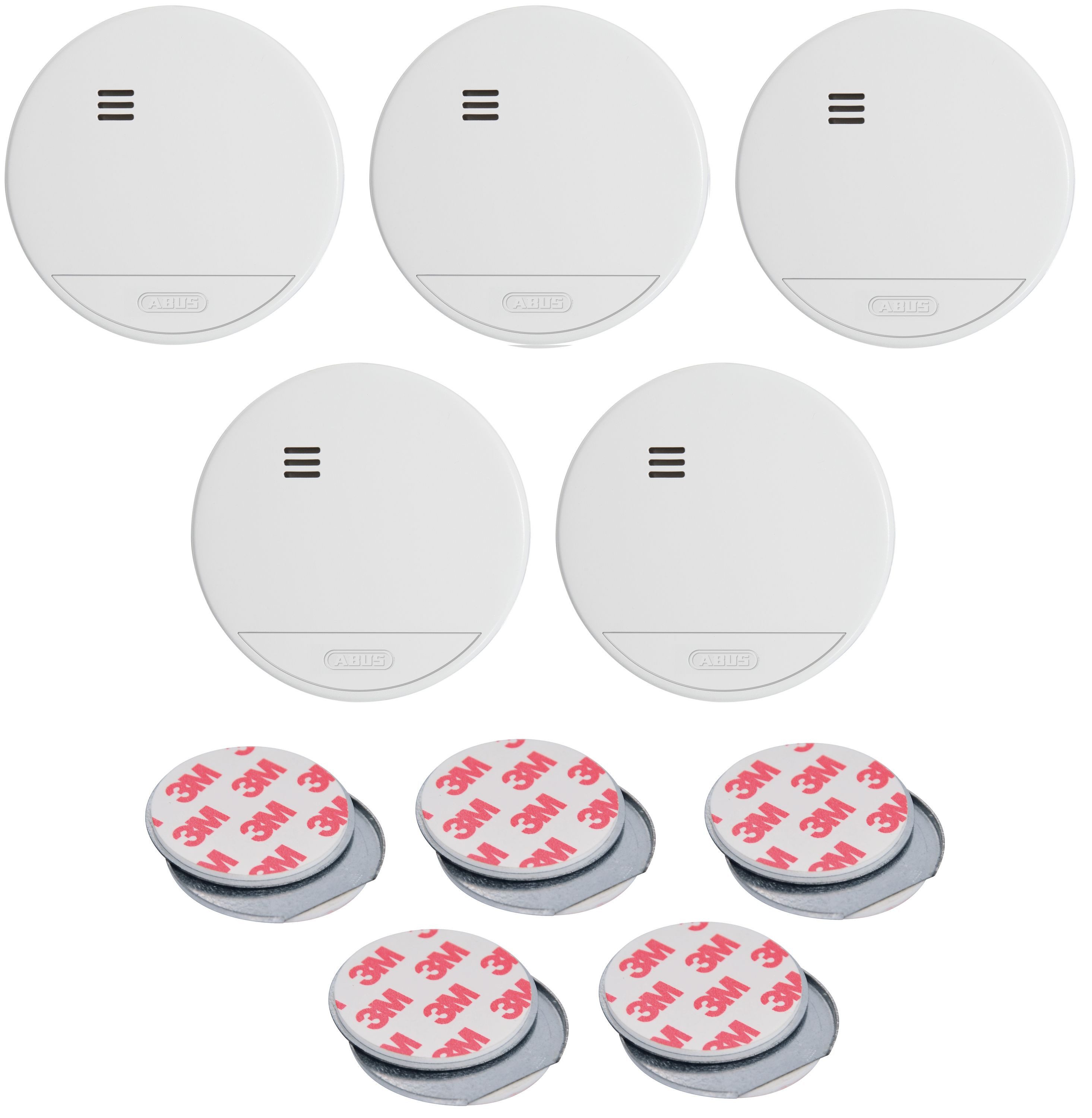 ABUS Rauchmelder RWM150, 10-Jahres-Batterie, Weiß, 5er Set + Magnethalter Rauchmelder (Optischer Rauchmelder, für Wohnräume & VdS geprüft nach DIN EN 14604)