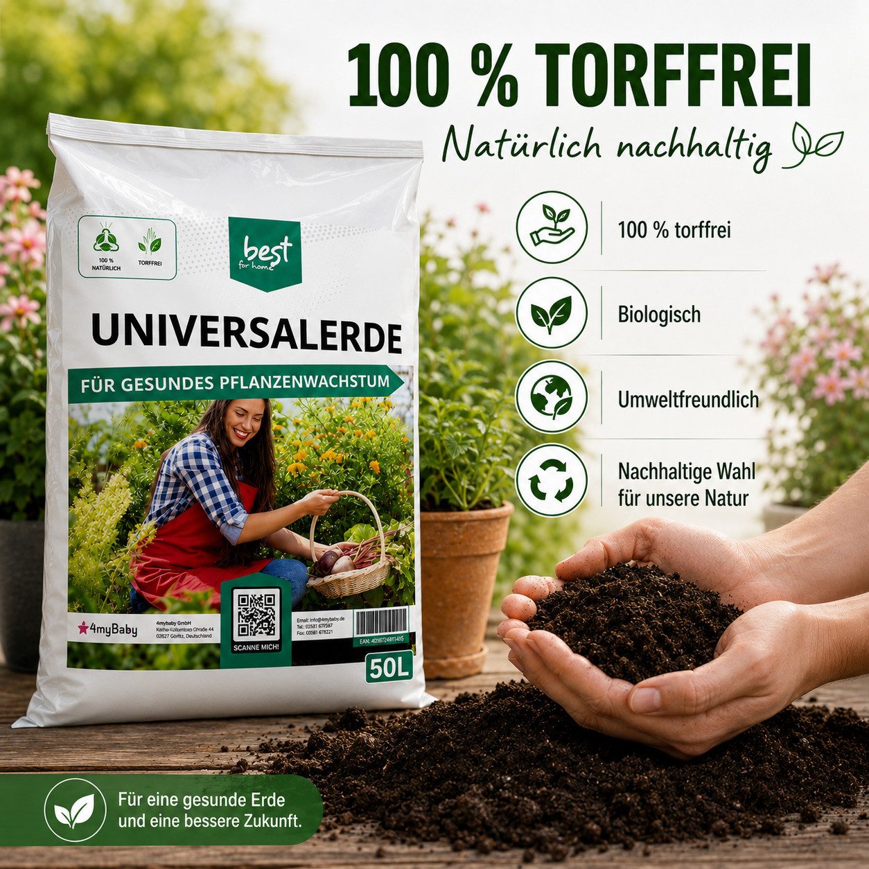 Best for Home Bio-Erde Bio-Blumenerde – Torffrei, für Zimmer- & Balkonpflanzen Universalerde, mit Organische Pflanzerde, (Einzelartikel, 1-St., 20L / 50L Sack), Bio und torffrei, ideal für Blumenbeete und Kübel