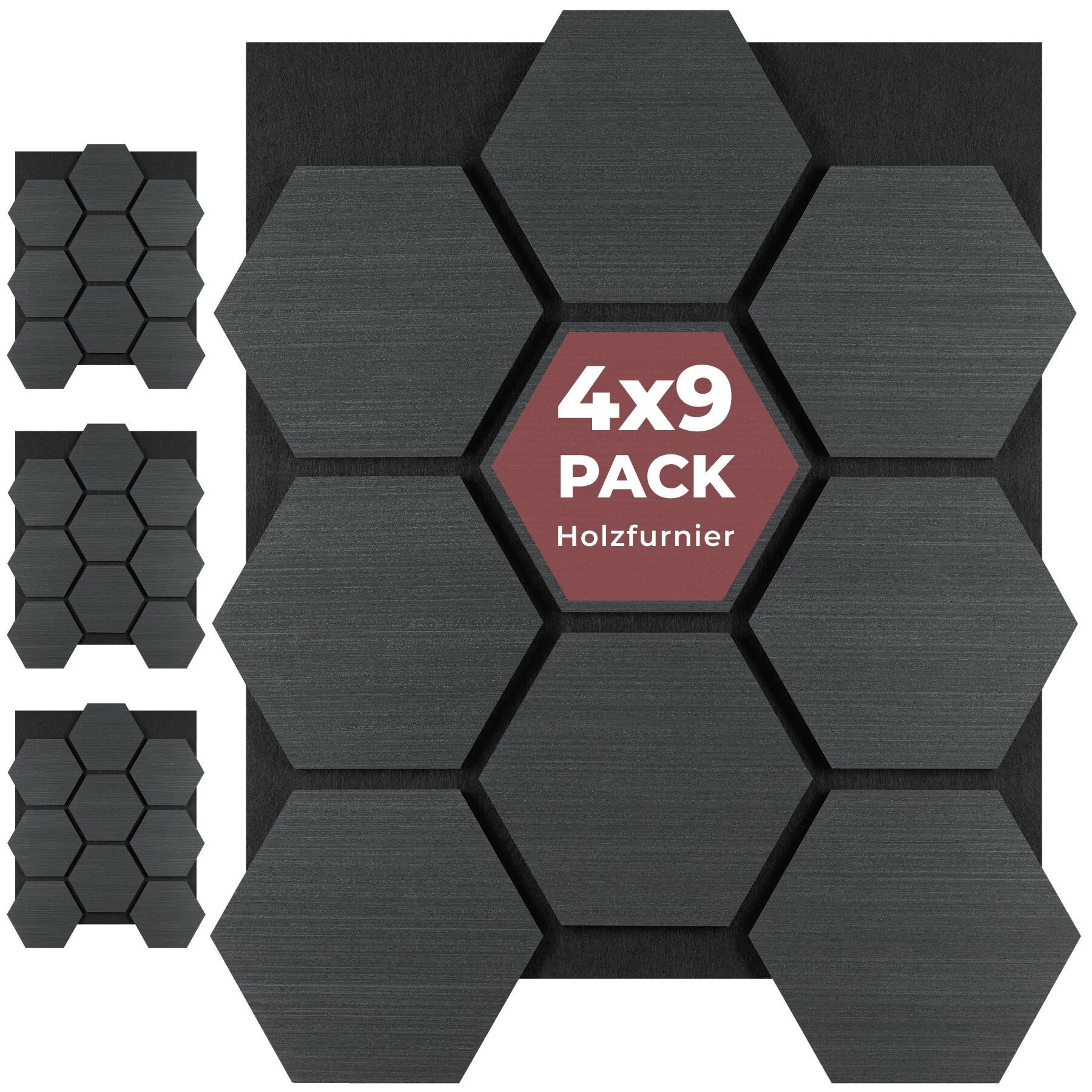 tectake Wandpaneel Akustikpaneele aus MDF und Echtholzfurnier, je 76 x 62 x 1,8 cm, BxL: 62x76 cm, 0.47 qm, (Schallschutzplatten mit Wabenmuster Sonic Shield, 4-tlg., Holzoptik in Eiche schwarz) schallabsorbierender Filz, einfache Montage mit Kleber oder Schrauben