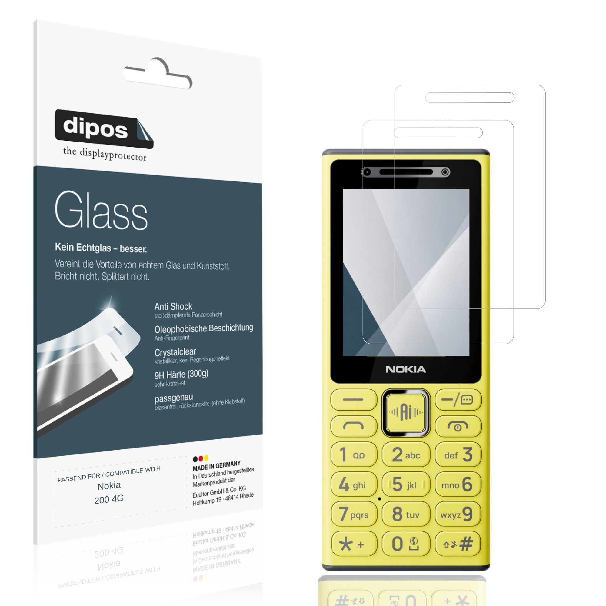 dipos Displayschutzfolie Schutzfolie für Nokia 200 4G, 2 Stück, Displayschutz Schutz Folie Made in Germany