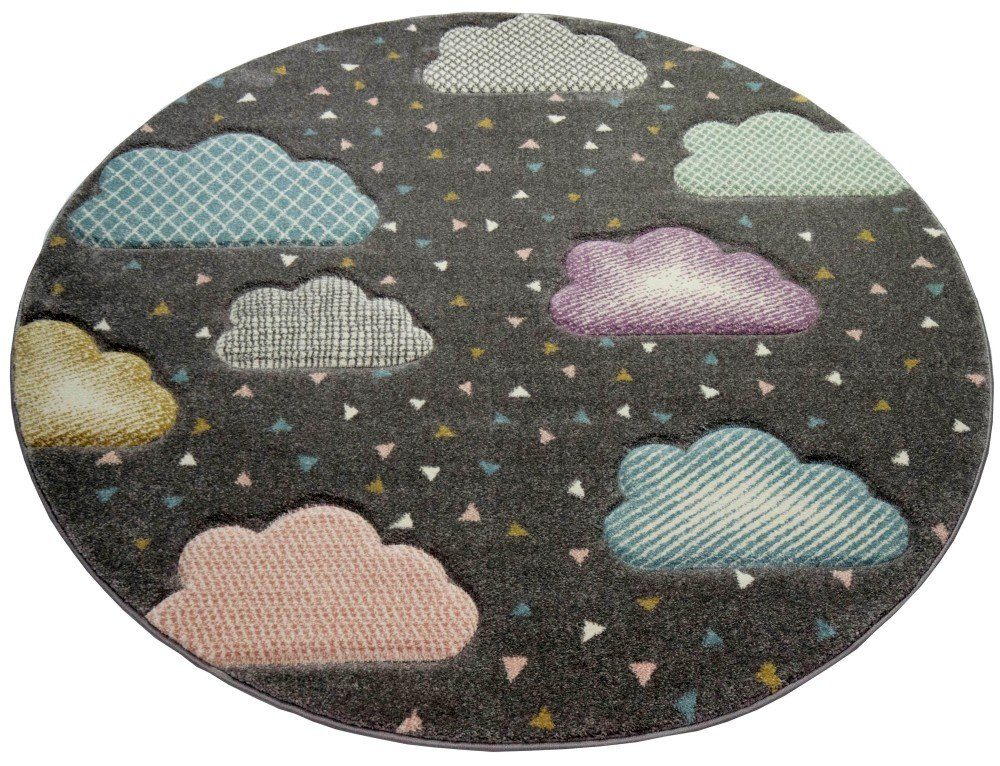 Carpetia Kinderteppich Teppich Kinderzimmer Kinderteppich Wolken grau rosa blau, rund, Höhe: 13 mm