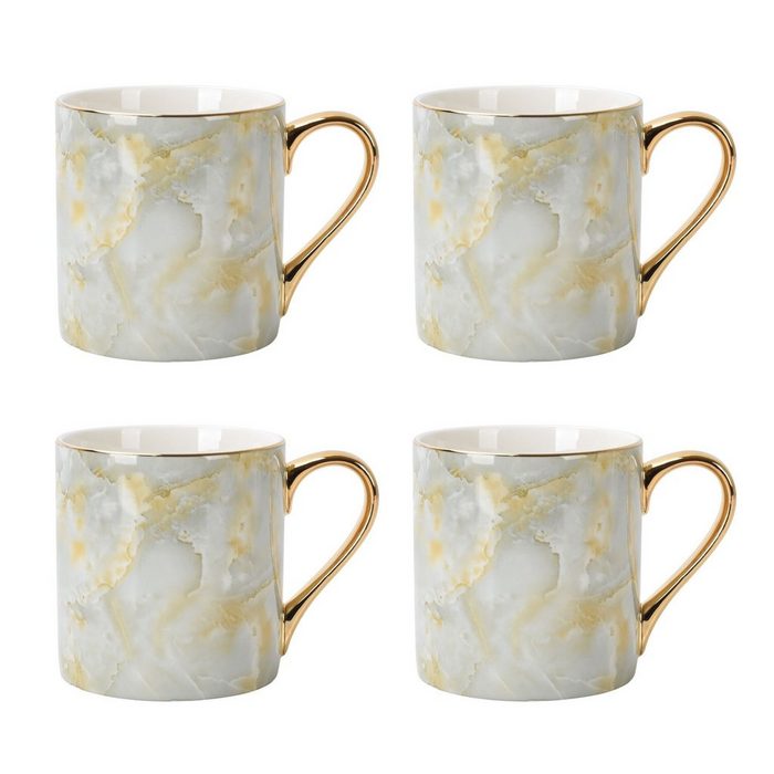 COFFEE LOVER Tasse Grau-Gold Marmor Goldhenkel & Goldrand 4er Set Bone China 390ml edles & stylisches Design Luxus Tasse