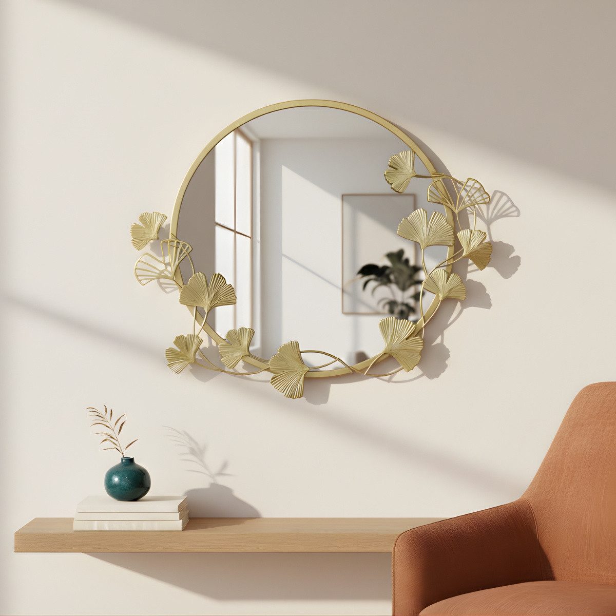 EDAXO Wandspiegel Runder Wandspiegel mit Zierrahmen SOL, Ø 50 cm, Ginkgo-Rahmen