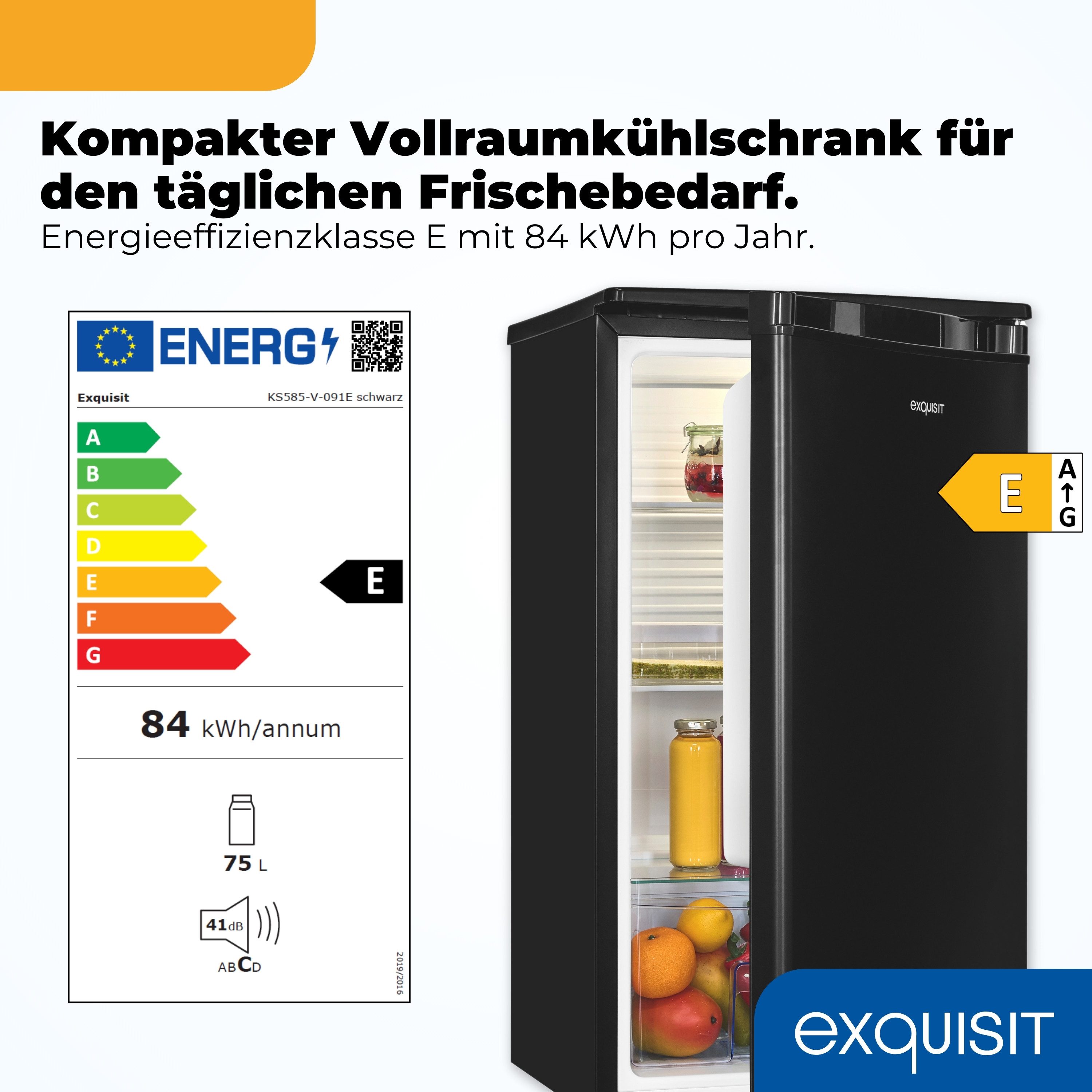exquisit Vollraumkühlschrank KS585-V-091E, 84.3 cm hoch, 45 cm breit, 75 l Nutzinhalt, LED Beleuchtung, 41 dB Geräuschklasse C