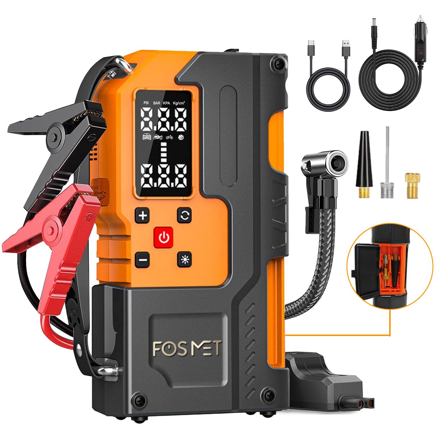 FOSMET 7000A 12V Jump Starter Power Bank with 150PSI Compressor & Smart Clamps Car Battery Charger (Car Jump Starter with LCD Screen and 800 Lumen Emergency Light, 26800mAh Jump Starter Power Bank for all Petrol & 10L Diesel with USB & DC)