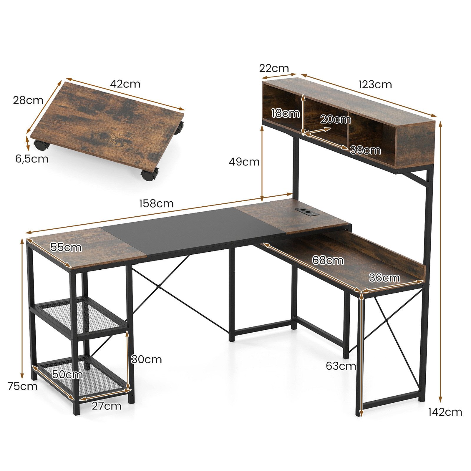 KOMFOTTEU Computertisch, L-förmiger Schreibtisch mit Aufbewahrungsregale & Monitorständer