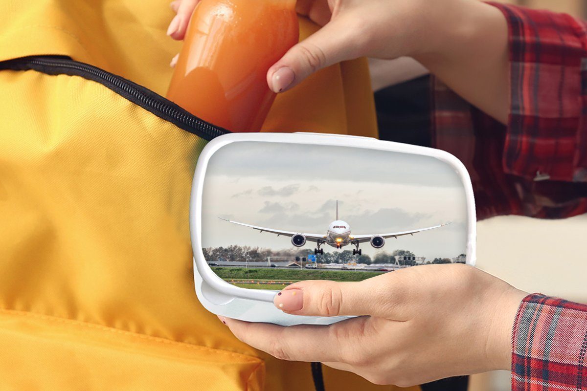 Jungs Brotdose, Kinder MuchoWow für Schiphol, und Mädchen für eines (2-tlg), weiß Erwachsene, Kunststoff, Landung in und Brotbox Lunchbox Flugzeugs