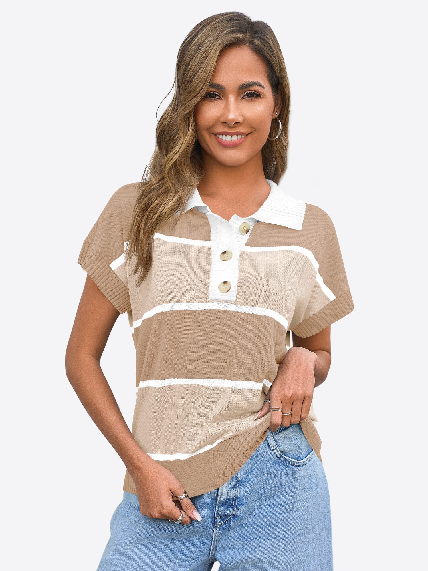 Imily Bela Kurzarmpullover Damen Gestreifter Kurzarm Strickpullover mit Knopfleiste (Packung, 1-tlg., 1per-Pack) mit V-Ausschnitt