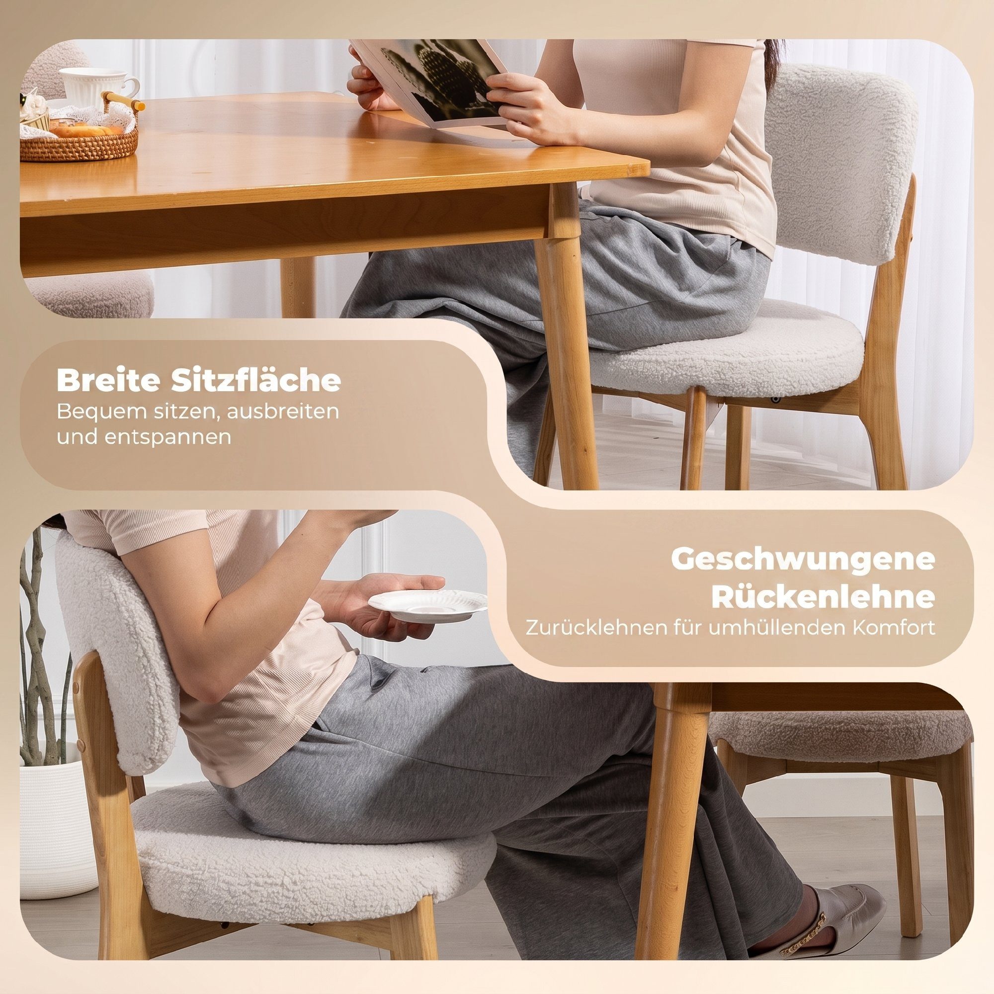HOMCOM Esszimmerstuhl Küchenstuhl Polsterstuhl mit geschwungener Rückenlehne (Set, 2 St), 2er Set, Bouclé-Bezug, Holzbeine – Bild 5 von 5
