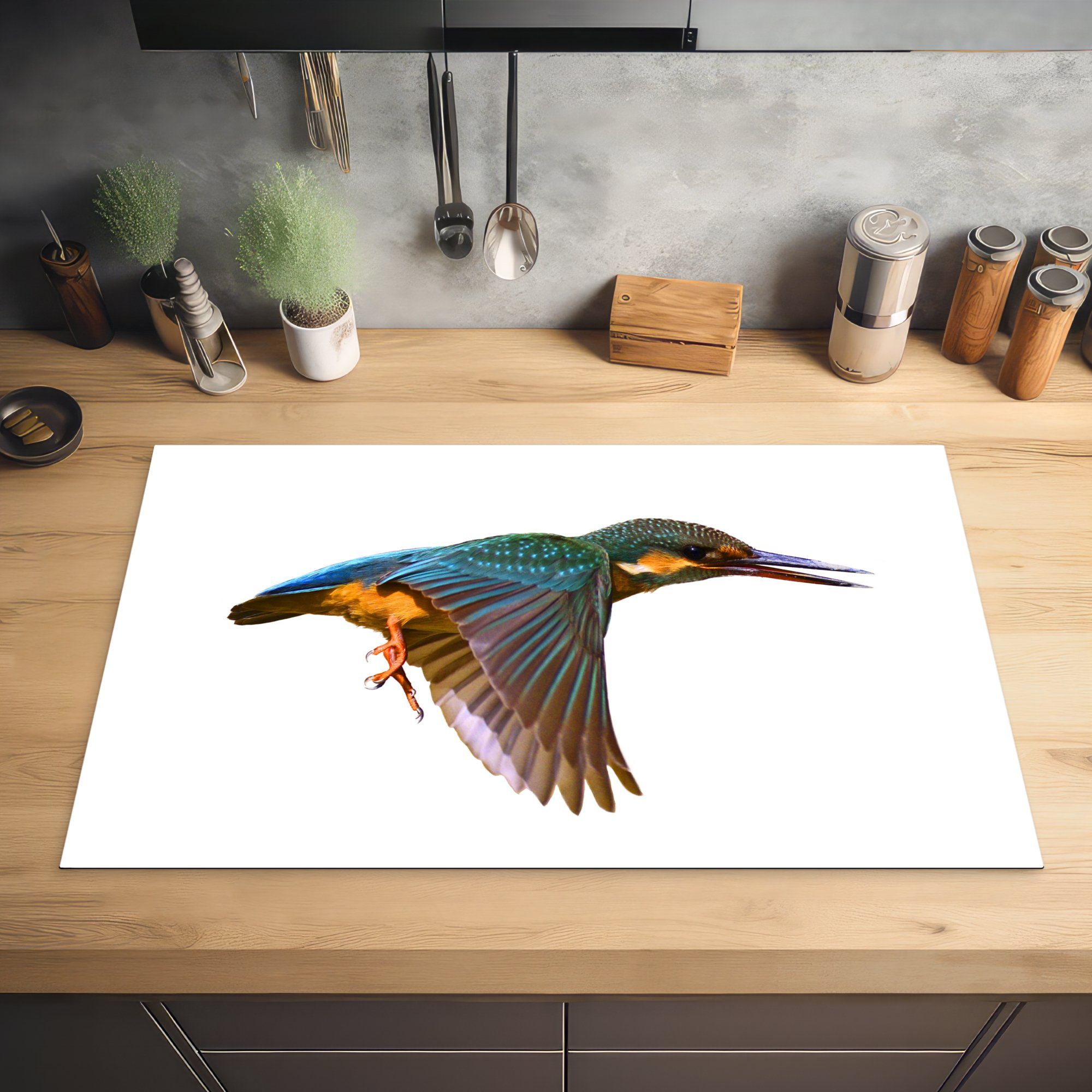 (1 für tlg), 83x51 MuchoWow Vinyl, Herdblende-/Abdeckplatte Tiere, cm, Arbeitsplatte - - Eisvogel Ceranfeldabdeckung, Fliegen küche