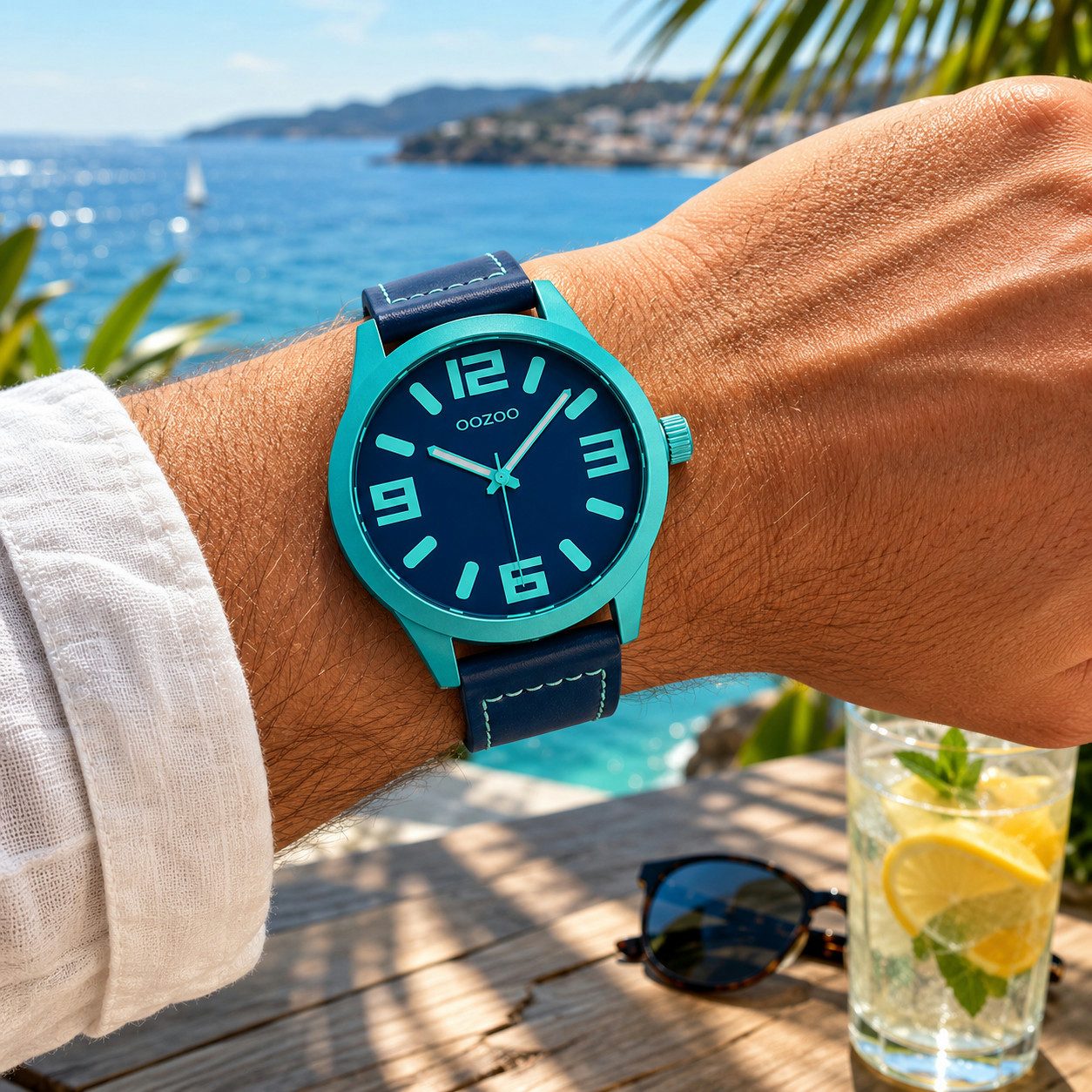 OOZOO Quarzuhr XXL Unisex Uhr C0912 Aquagrün Dunkelblau 46 mm Lederband