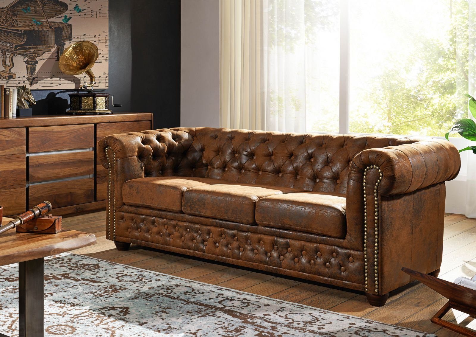 Massivmoebel24 Chesterfield-Sofa CHESTERFIELD, Couch im Vintage-Look,  Chesterfield Design, Retro Look, Wellenfederung