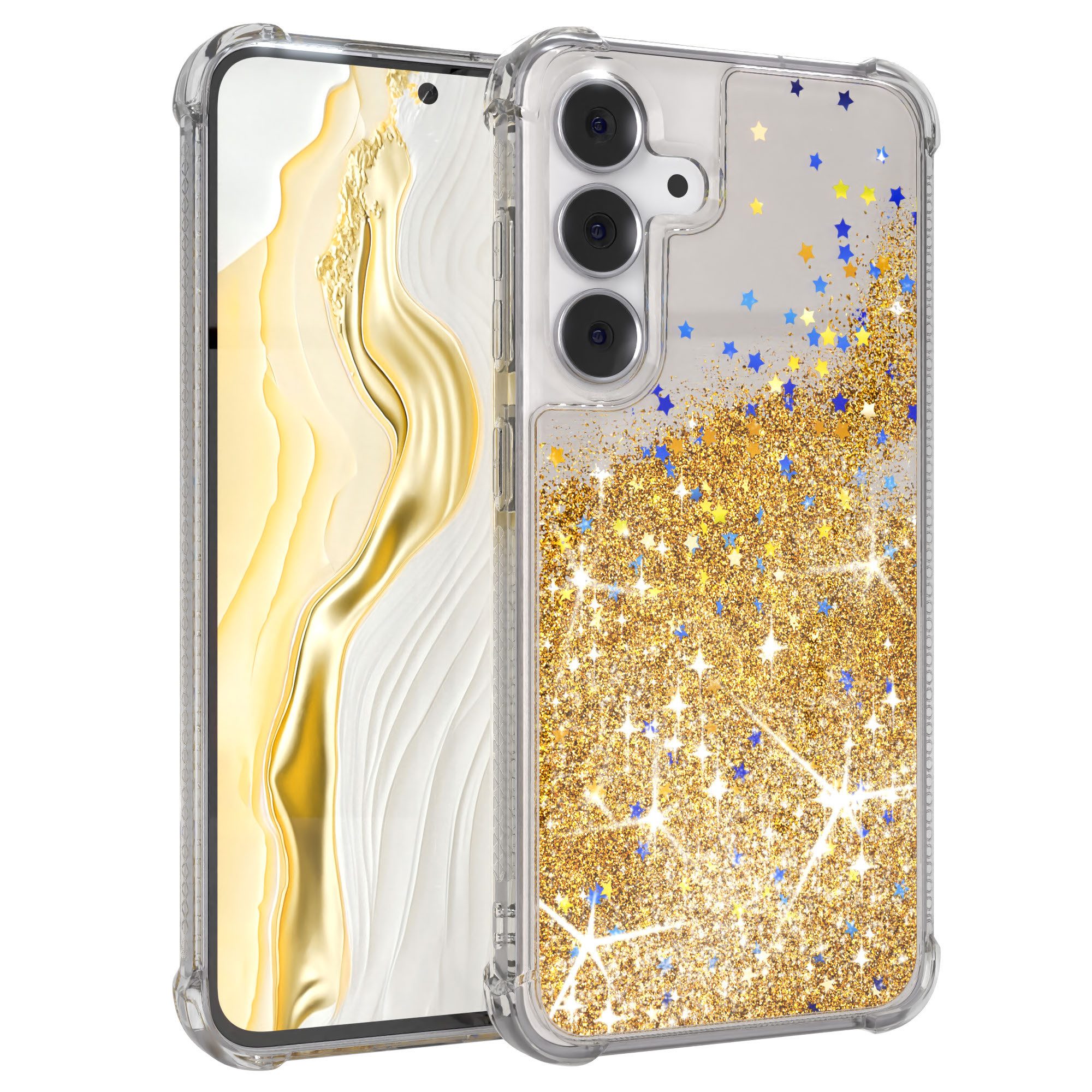 EAZY CASE Handyhülle Liquid Glittery Case für Samsung Galaxy S25 FE 6,7 Zoll, Durchsichtig Back Case Handy Softcase Silikonhülle Glitzer Cover Gold