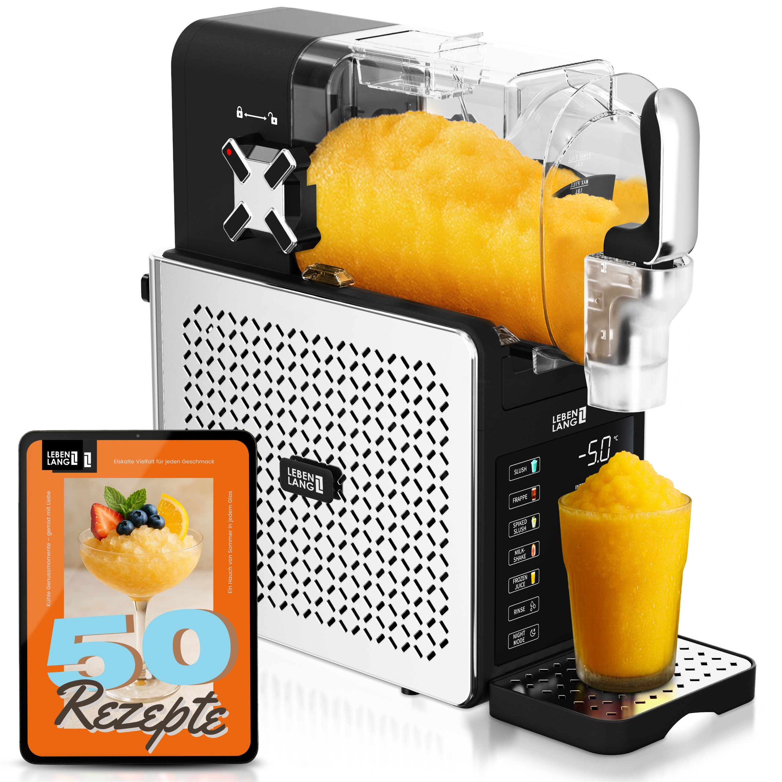 Lebenlang Slush-Eismaschine Premium Slush Maschine 2L - 5 Modi & 15 Min Quick Freeze - 24h Kühlung, 2 l, 200 W, Inkl. 50 Rezepte E-Book, Auto-Clean-Funktion