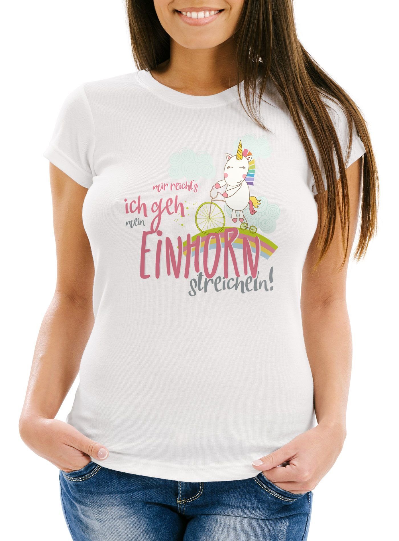 Print-Shirt Damen T-Shirt Einhorn auf Fahrrad "Mir reichts ich geh mein Einhorn streicheln" Slim Fit Moonworks®