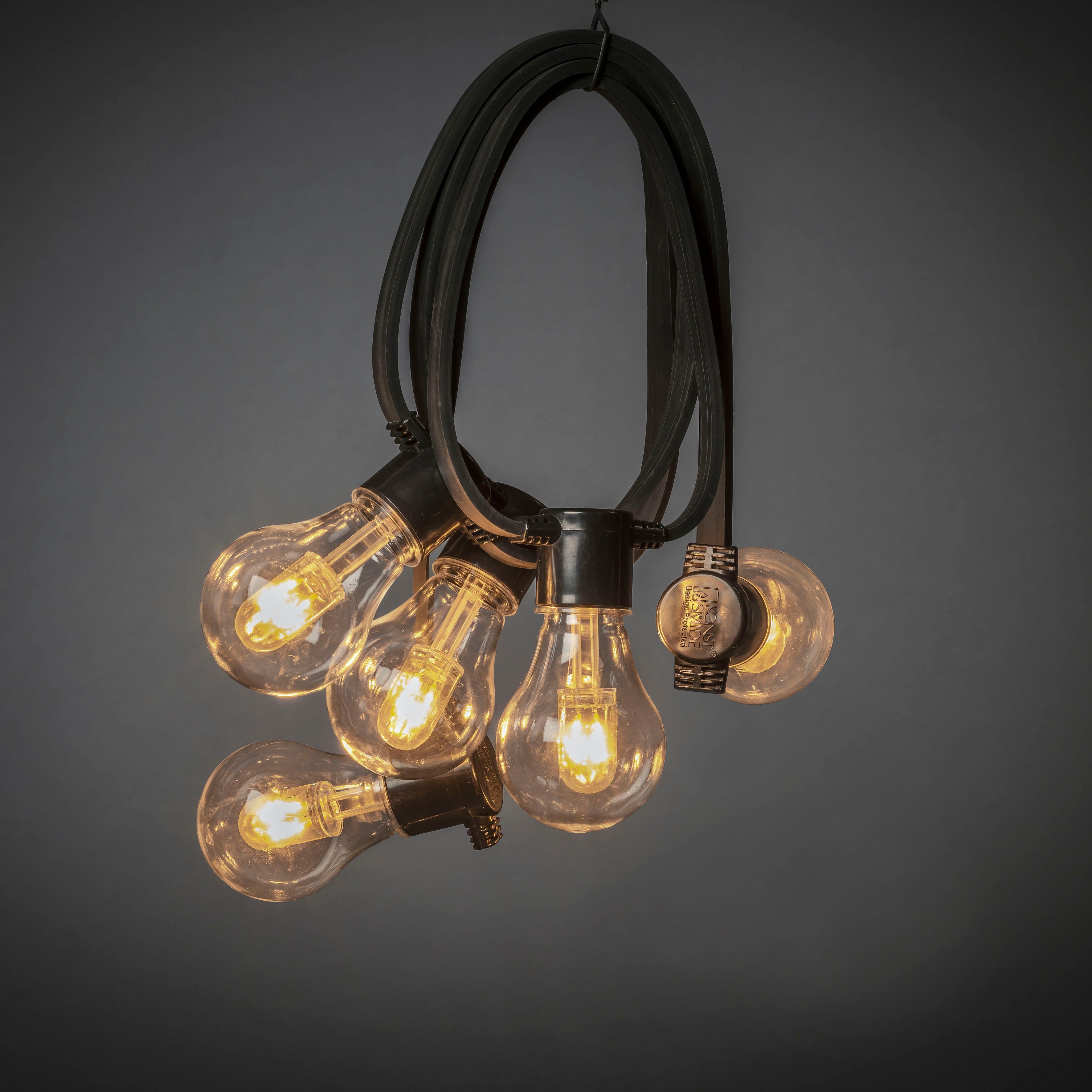 KONSTSMIDE LED-Lichterkette LED Solar Biergartenkette, 10 bernsteinfarbene Dioden, Timer, 10-flammig, Fernbedienbar Dimmbar, 8 Lichtfunktionen,  Solarbox über USB aufladbar