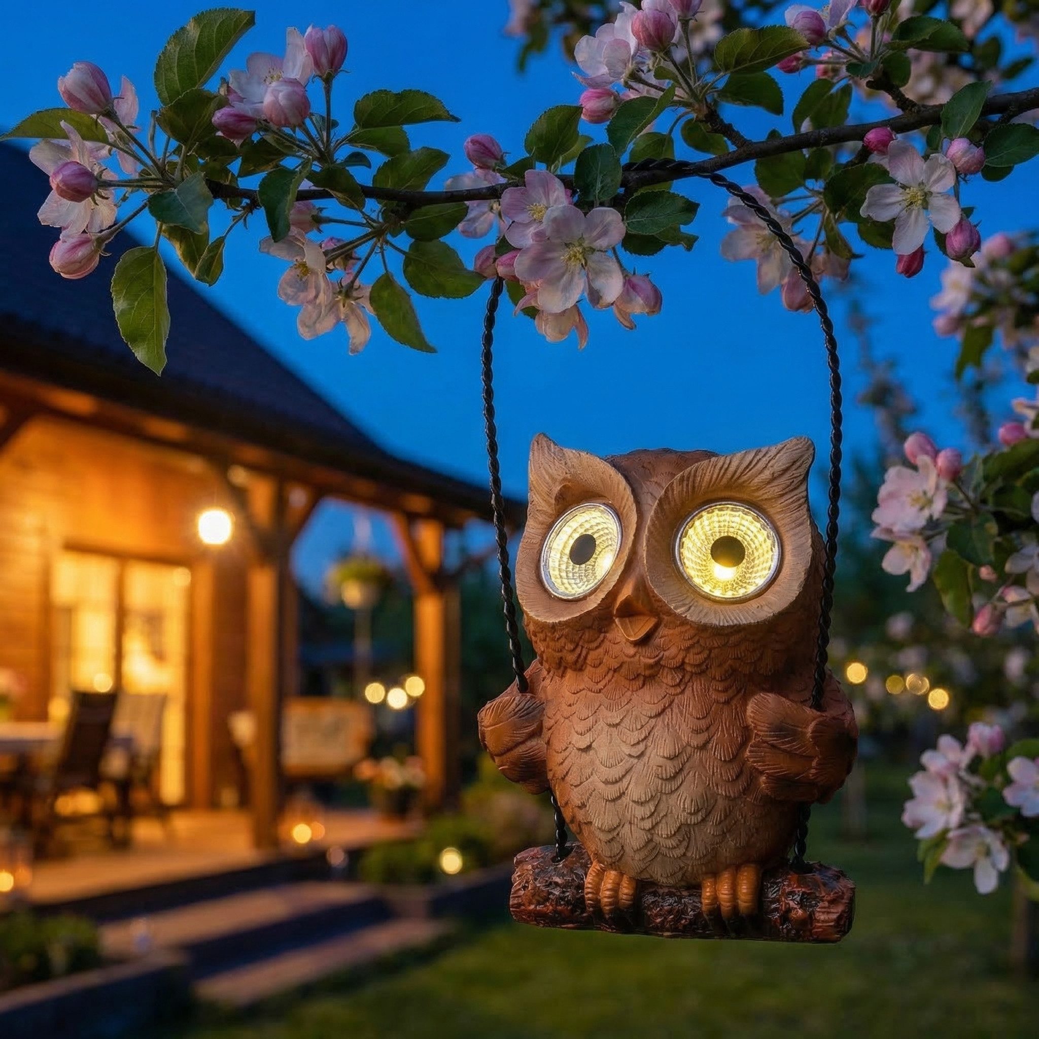 MARELIDA LED Solarleuchte LED Solar Eule auf Schaukel Gartenfigur Tierfigur Eulenfigur H: 19cm, LED Classic, warmweiß (2100K bis 3000K)