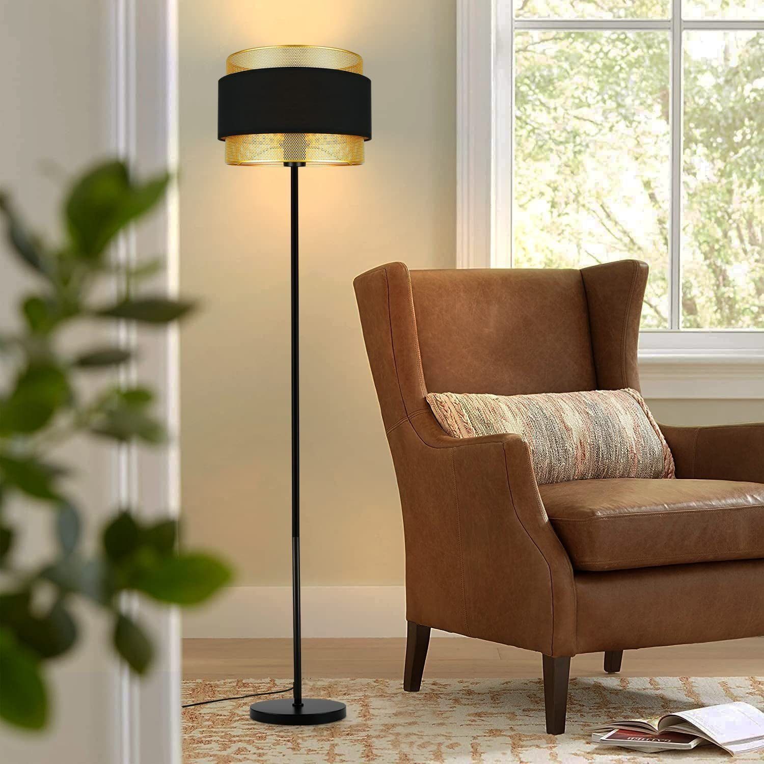 Nettlife Stehlampe Retro Design mit Leuchtmittel Fußschalter E27 Stoff Lampenschirm, Industrial ohne
