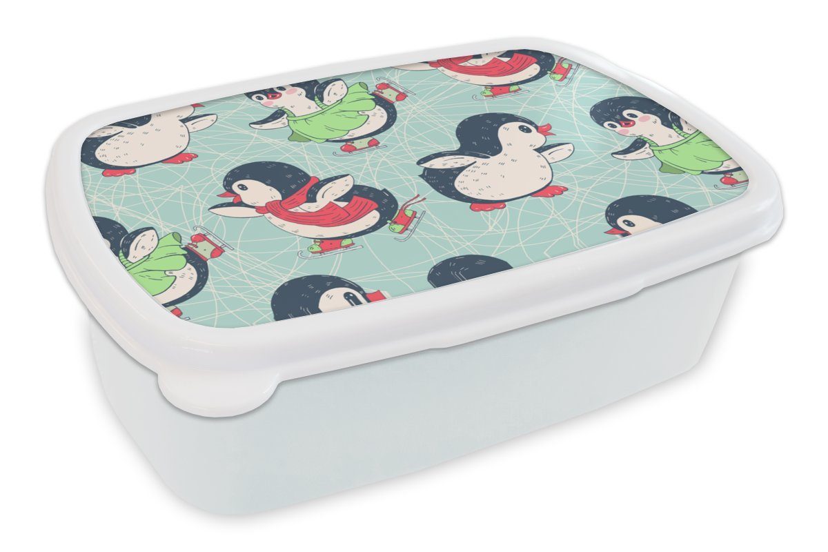 MuchoWow Lunchbox Pinguin - Schlittschuhe - Design, Kunststoff, (2-tlg), Brotbox für Kinder und Erwachsene, Brotdose, für Jungs und Mädchen weiß