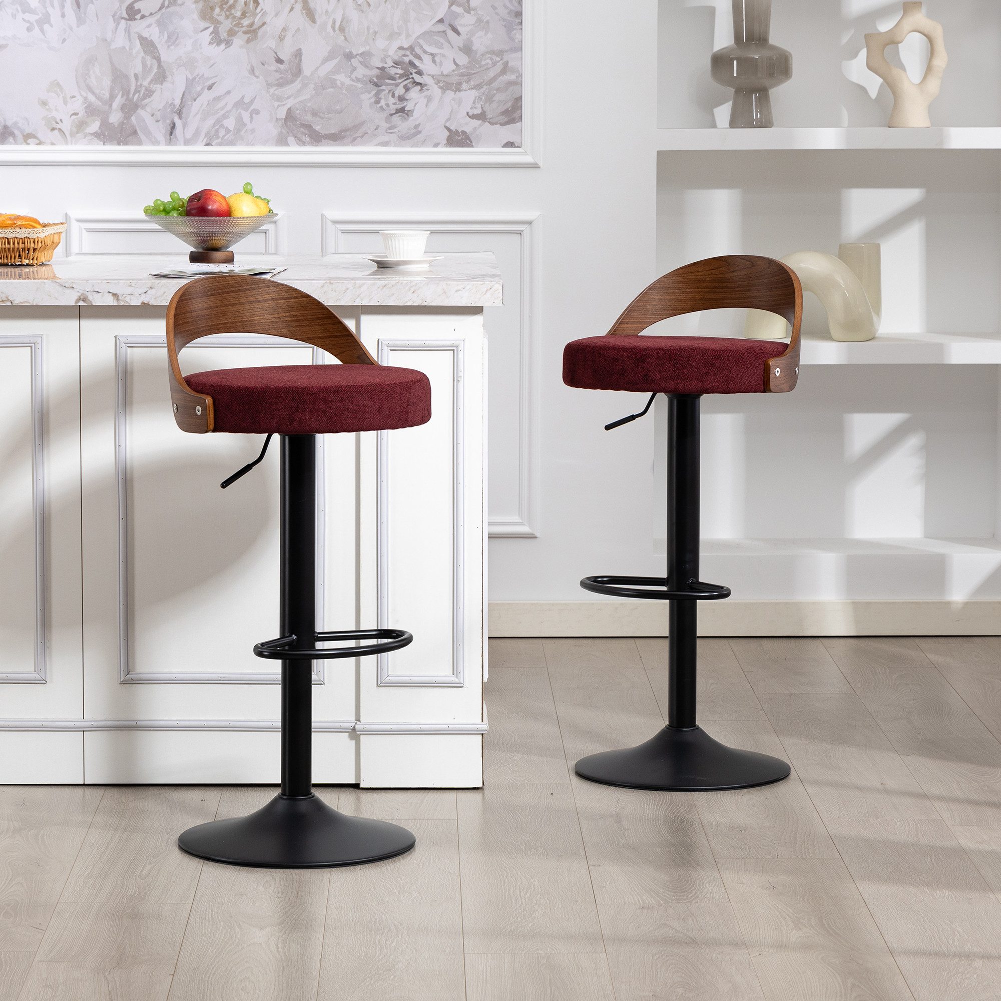 TavilaEcon Barhocker 360° drehbarer Barhocker mit Rückenlehne aus schwarzem Walnussholz (2 St), mit Sitzpolster aus PU, höhenverstellbar, rot