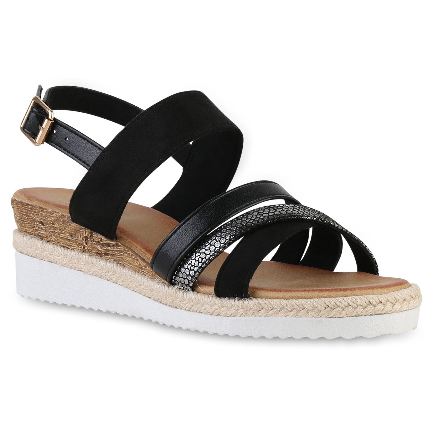 VAN HILL 841551 Keilsandalette Damen Keilsandaletten Sandalette Metallic Bast Profil-Sohle