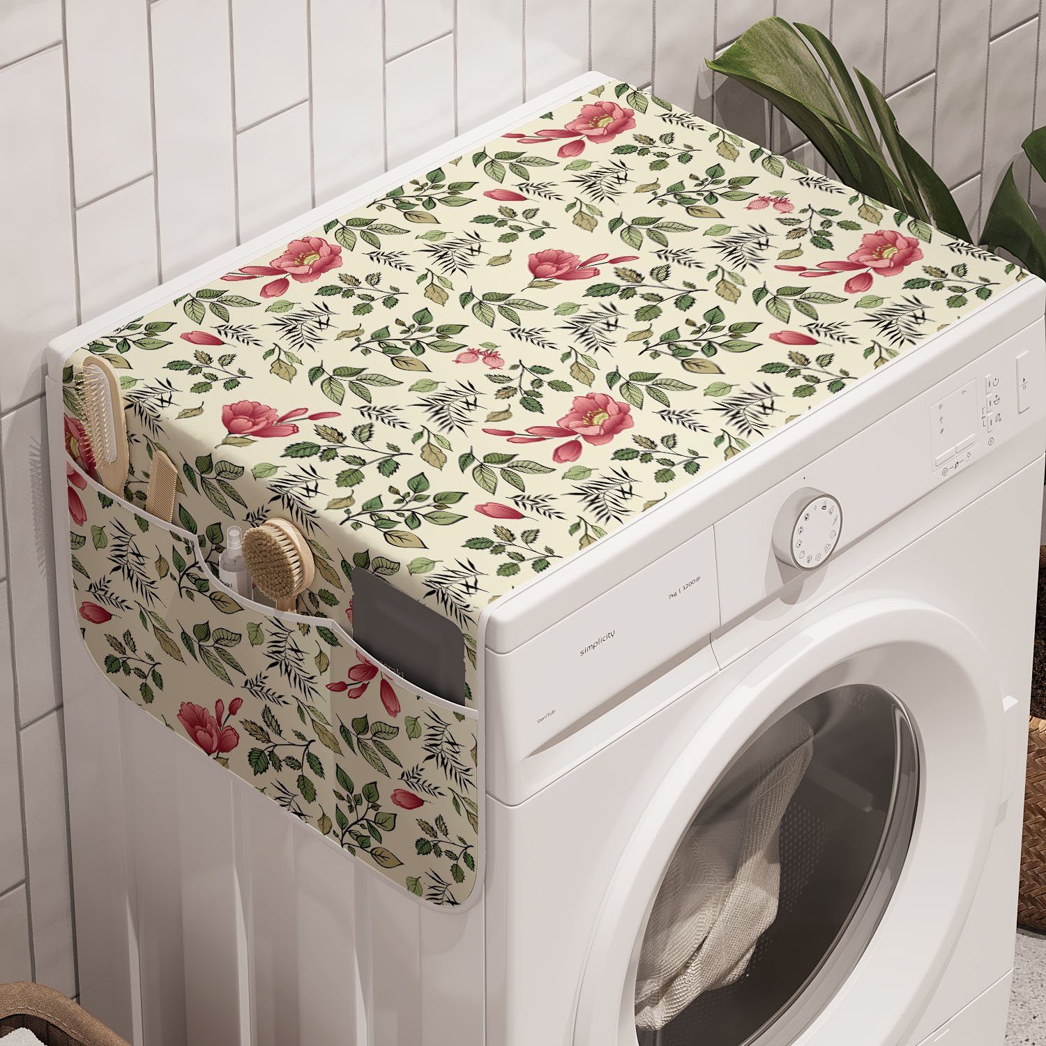 Abakuhaus Badorganizer Anti-Rutsch-Stoffabdeckung für Waschmaschine und Trockner, Botanisch Mit Blumen und Blatt Bloom