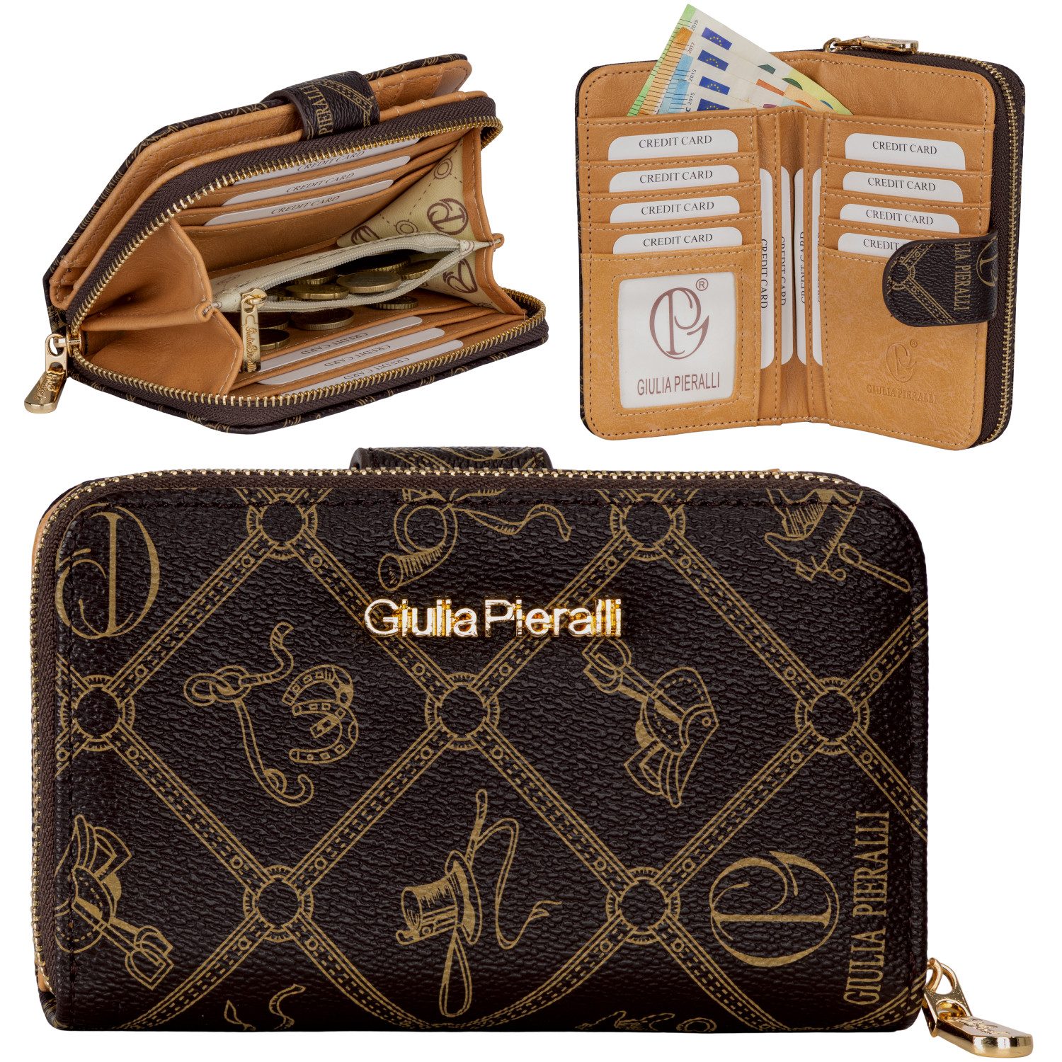 Giulia Pieralli Geldbörse Damen Geldbörse Portemonnaie Giulia Pieralli Kunstleder Geschenkbox, Damen Geldbörse klappbar mit Reißverschluss Portemonnaie Geldbeutel