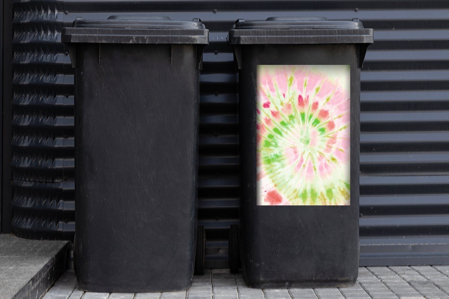 Container, Mülltonne, St), - (1 Sticker, Wandsticker MuchoWow Mülleimer-aufkleber, Abfalbehälter Grün Rosa - Krawattenfärbung