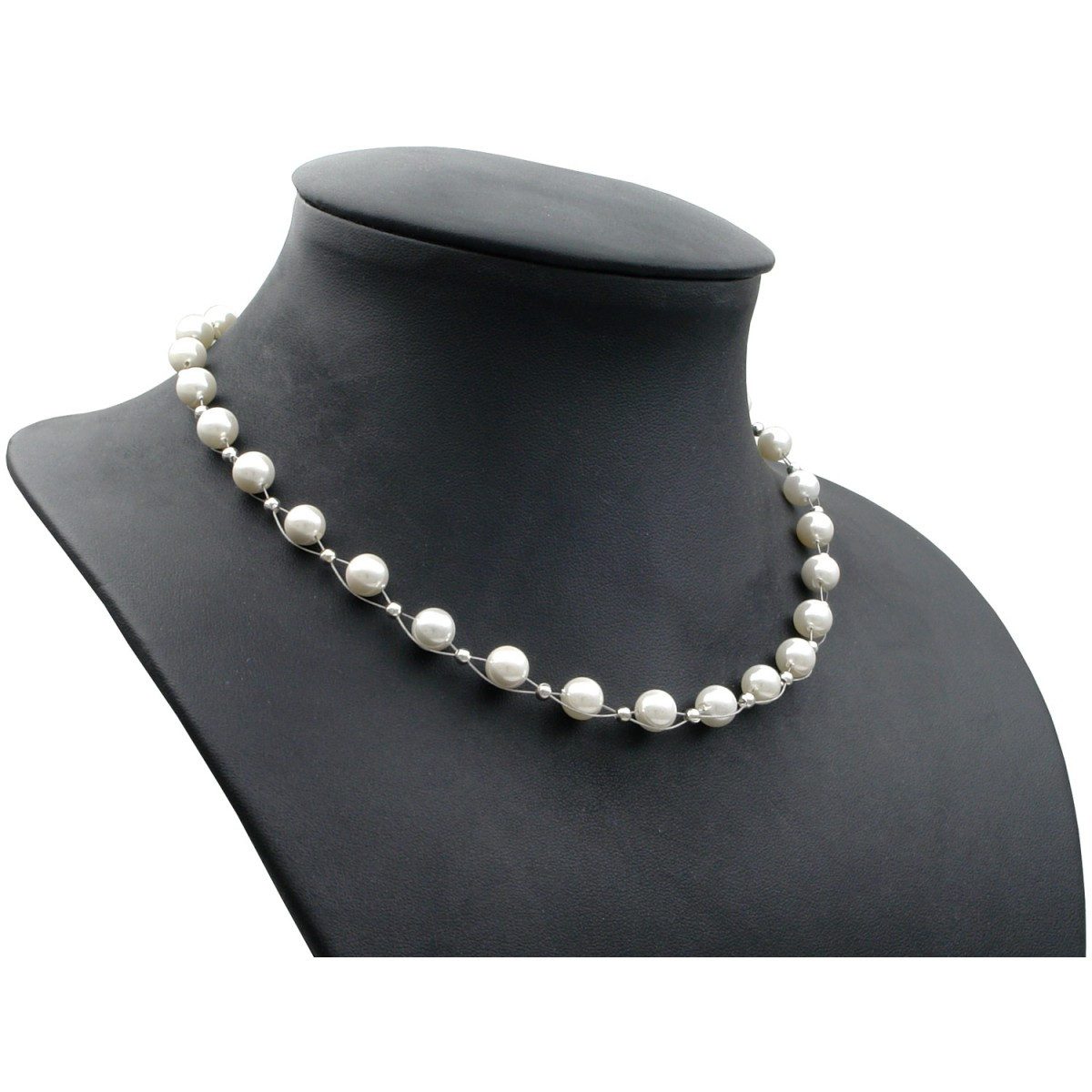 Schmuck Krone Perlenkette Kette aus Muschelkernperlen, creme-weiß, Silber 925