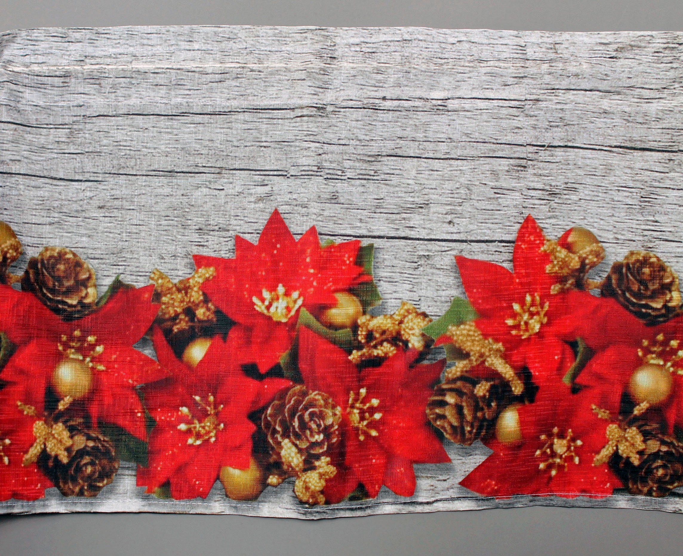 HOSSNER - ART OF HOME DECO Querbehang Weihnachtsstern (1 St), Stangendurchzug, halbtransparent, Organza, Hintergrund in Holzoptik