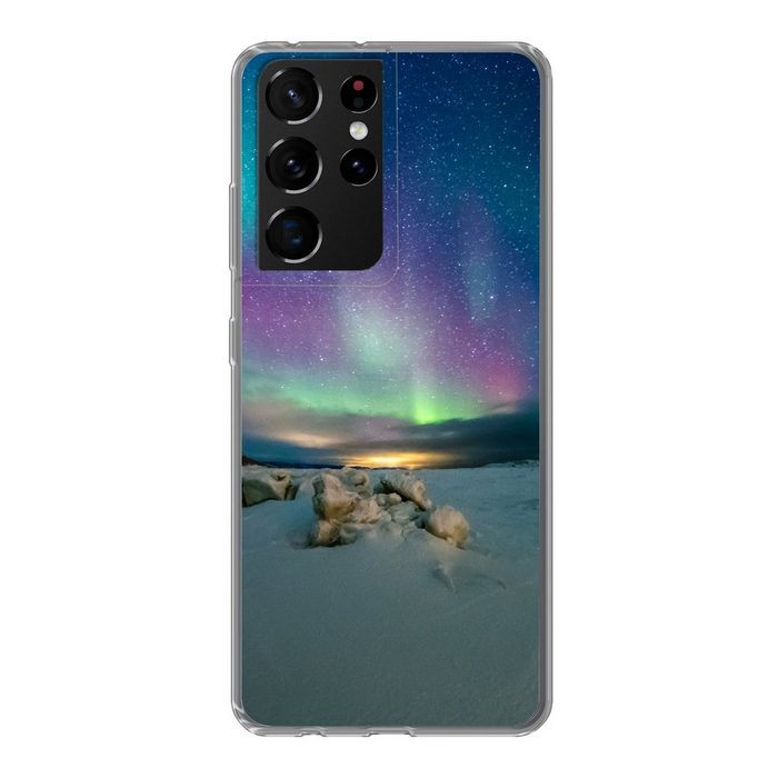 MuchoWow Handyhülle Nordlichter - Schnee - Farben Phone Case Handyhülle Samsung Galaxy S21 Ultra Silikon Schutzhülle