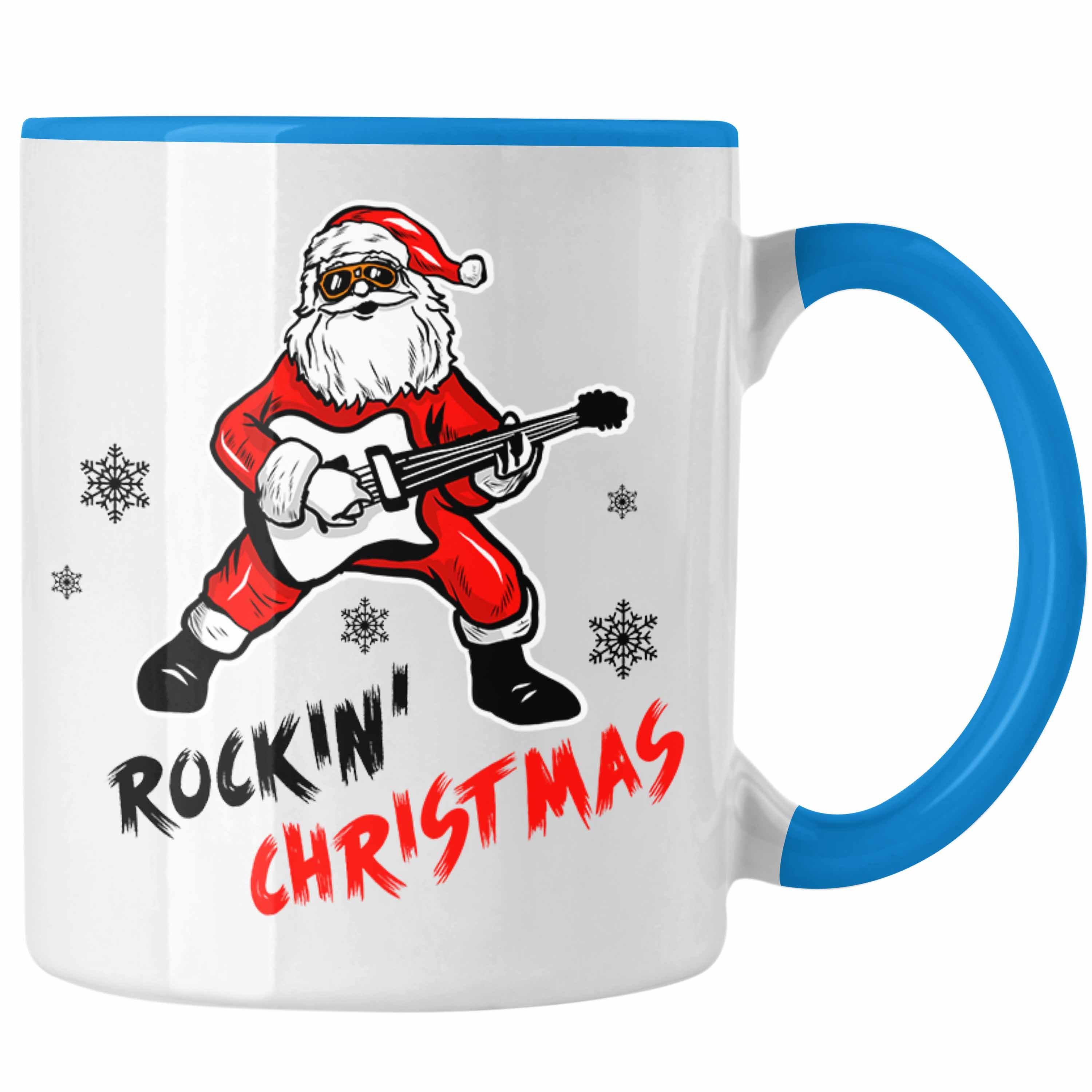 Trendation Tasse Trendation - Rockin Christmas Tasse Weihnachten Weihnachtstasse Rock N Roll Heavy Metal Geschenk Geschenkidee Metal Fans Rockmusik Kaffeetasse Blau