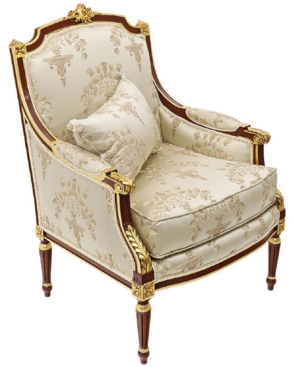 Casa Padrino Sessel Barock Lounge Thron Sessel mit elegantem Muster Cremefarben / Dunkelbraun / Gold - Barock Wohnzimmer Möbel