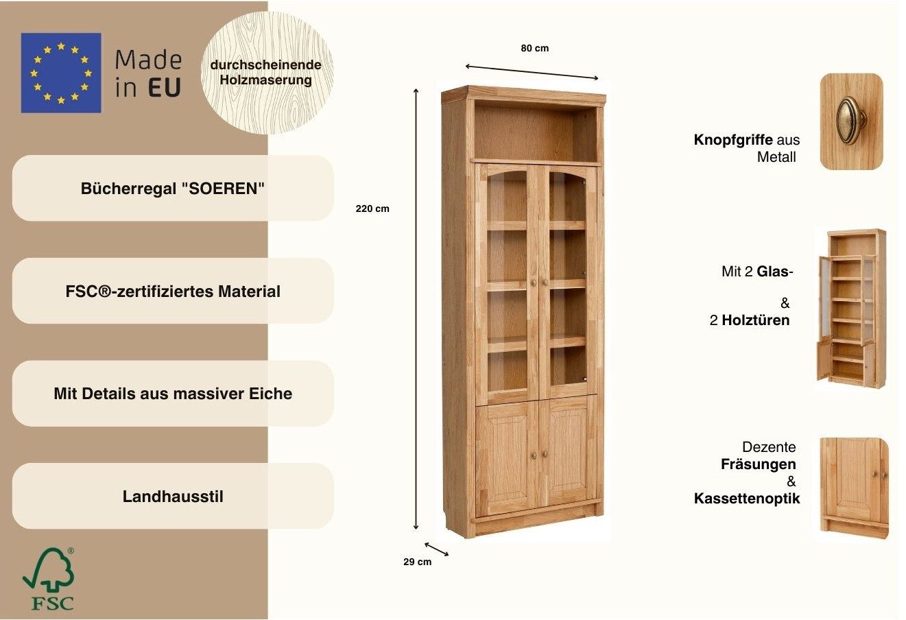 OTTO home Vitrine Soeren Bücherregal mit Eiche-Elementen B/T/H: 80/29/220 cm mit Glas-/Holztüren