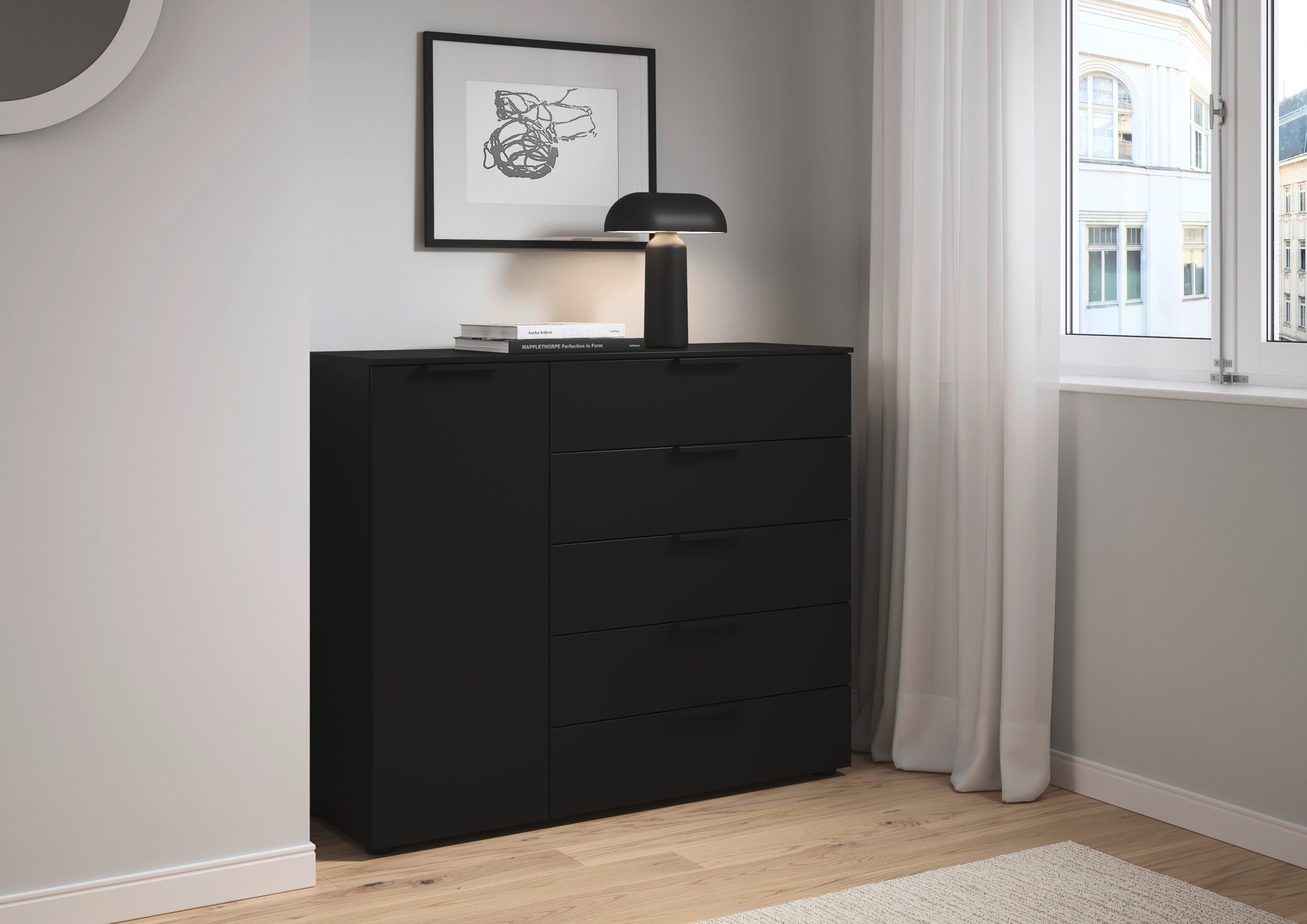 LeGer Home by Lena Gercke Kommode Kommode Sideboard Schubladen Türenkommode SERINA eleganter Eyecatcher, mit 5 Schubkästen und 1 Tür sowie Metallgriffen MADE IN GERMANY