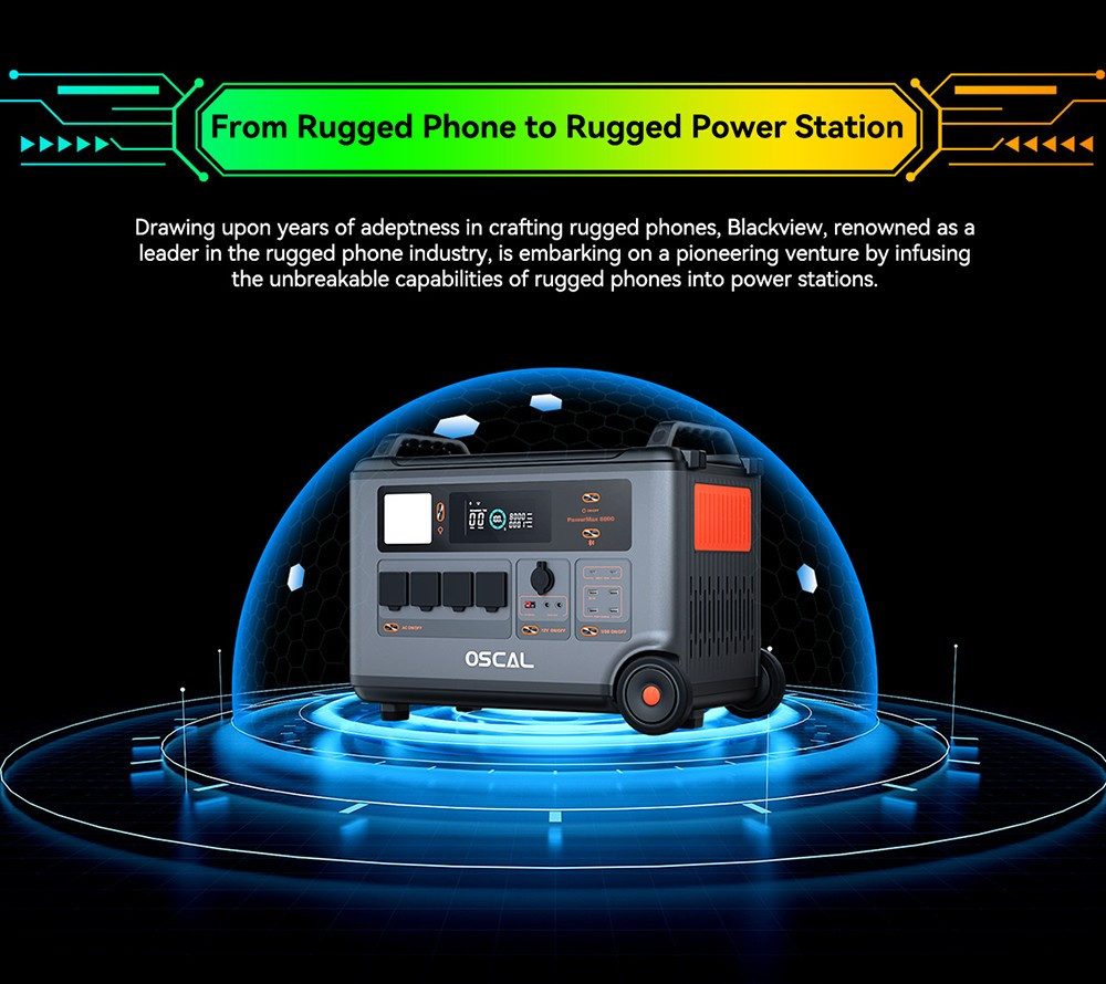 OSCAL Blackview PowerMax 6000W generator, LiFePO4 battery from 3,600Wh to 57,600Wh, 14 outputs, 3500+ Life Circle, Smart APP control, 5 LED light modes