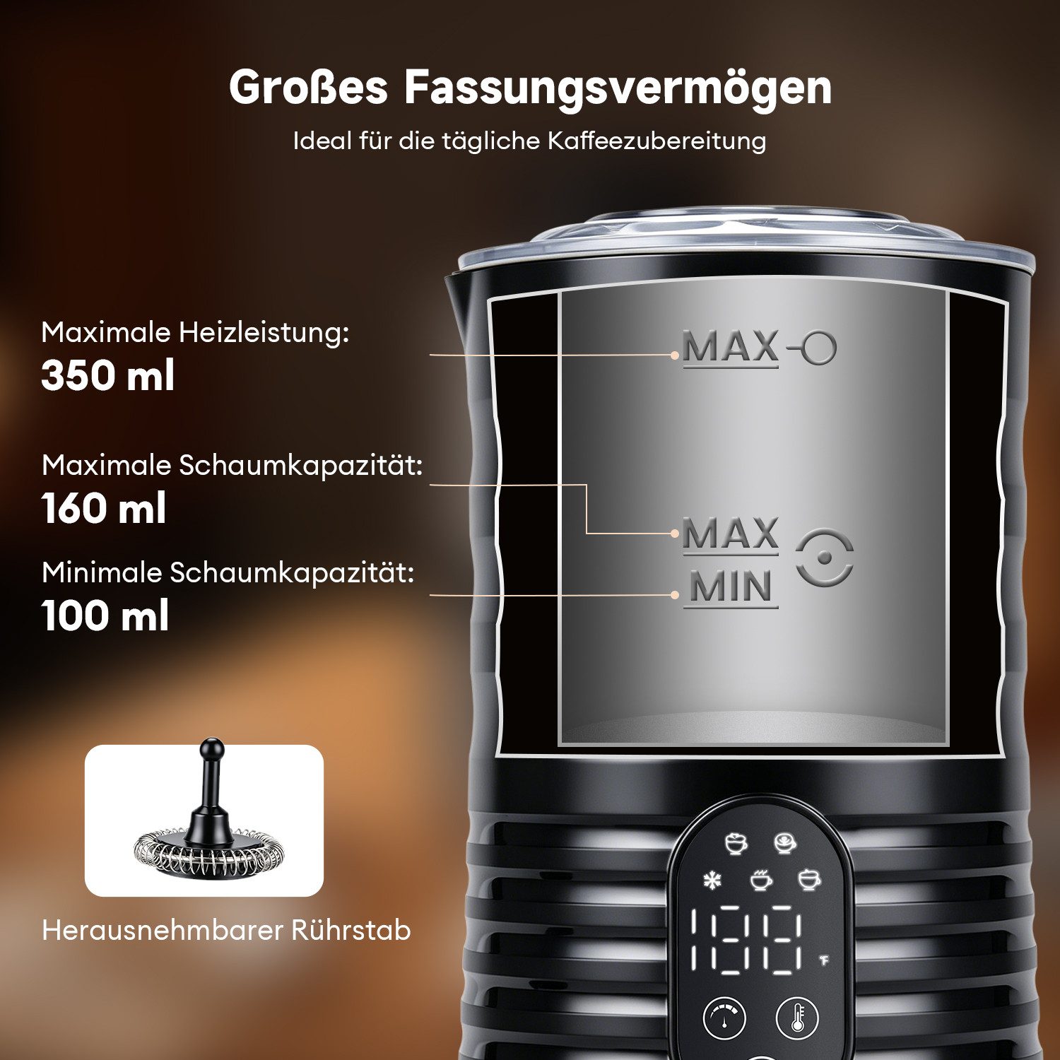 CkeyiN Pro Milchaufschäumer Elektrischer 5-in-1,Edelstahl,580 ml,40-70℃ Temperatur, 400 W, Leise & Schnell,Antihaftbeschichtung,für Heißen/Kalten Milchschaum – Bild 4 von 5